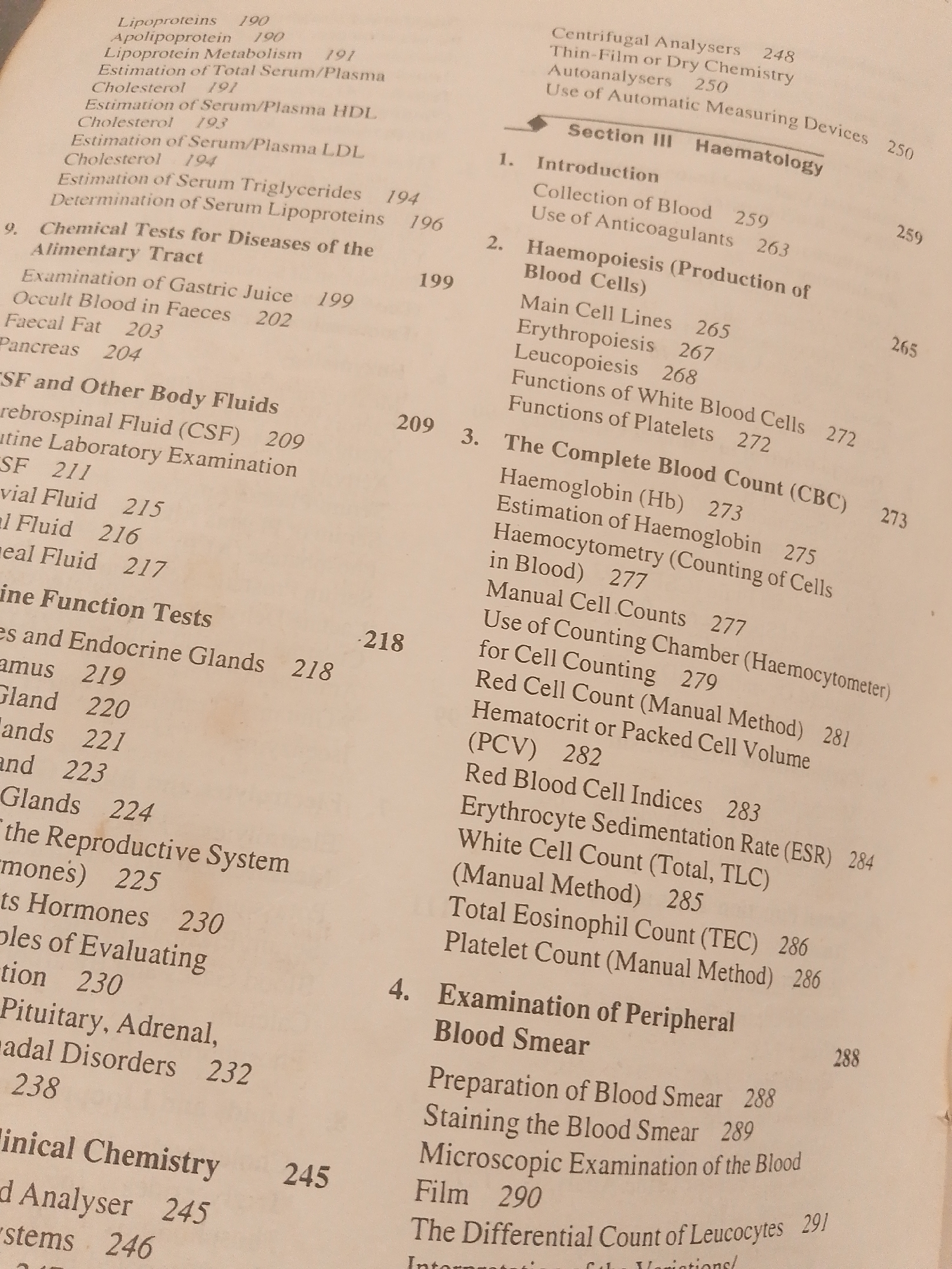 The image displays a page from a textbook or reference book, likely a medical or scientific one, containing a table of contents or index with chapter and sub-chapter titles and corresponding page numbers. The text is printed in black on a light-colored background. The content includes various medical and biochemical topics such as lipoproteins, cholesterol, blood analysis, and gland function. The page is from a larger publication, indicated by section headings like "Section III Haematology." The text is in English. The image is a photograph of the physical page, and there are no indications of it being located in Jalingo, Nigeria or any specific city.