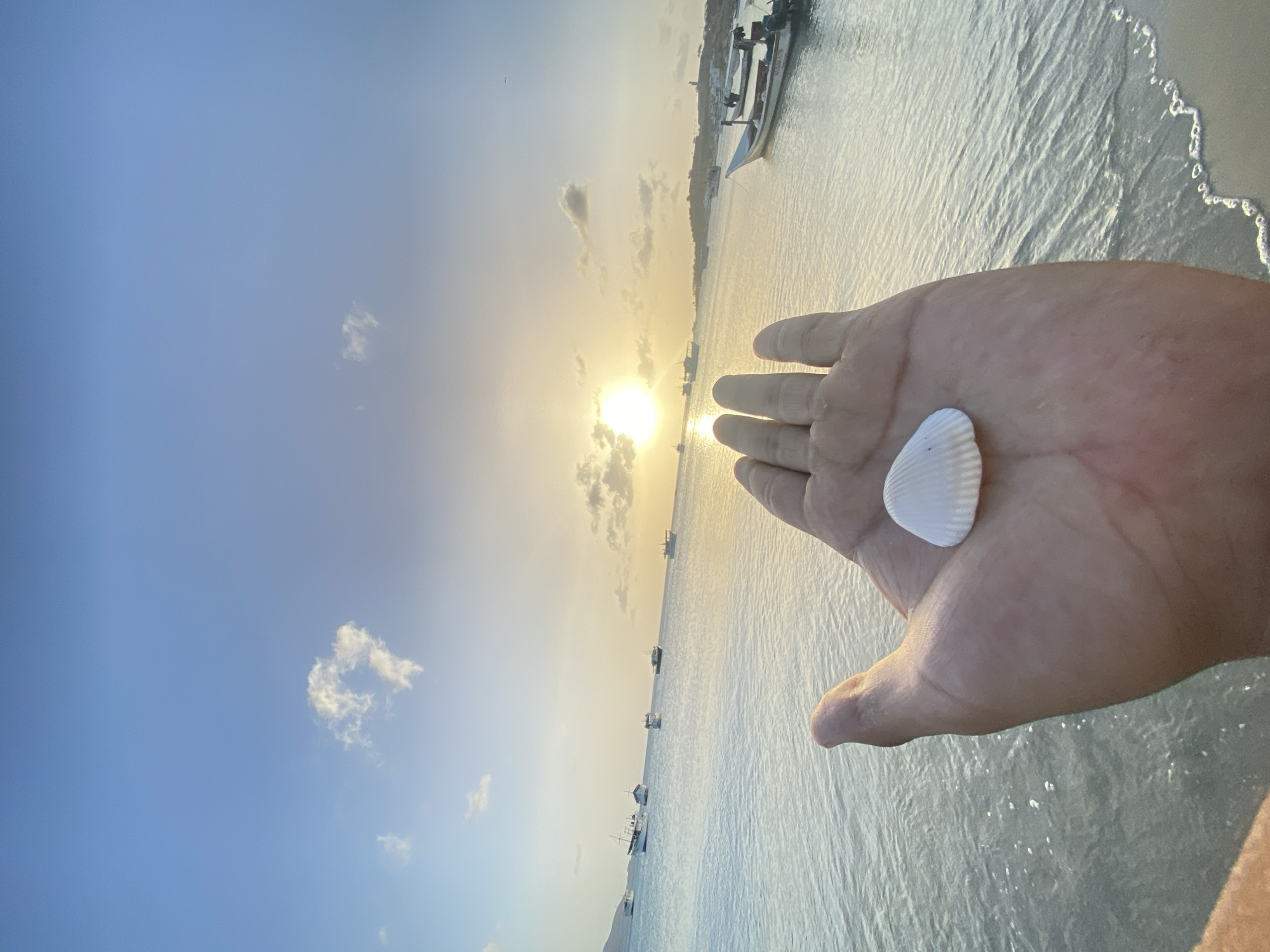 The image shows a beach scene at sunset, likely in or near Juan Griego, Venezuela, given the coastal setting and boats in the background. A person's hand is in the foreground, holding a small white seashell. The sun is setting over the water, creating a bright, golden glow. Several small boats are visible on the water in the distance. The sky is a gradient of blue to yellow, with some clouds scattered throughout. The water appears calm with gentle ripples. The beach is sandy, and a small wave is coming in to shore near the hand.