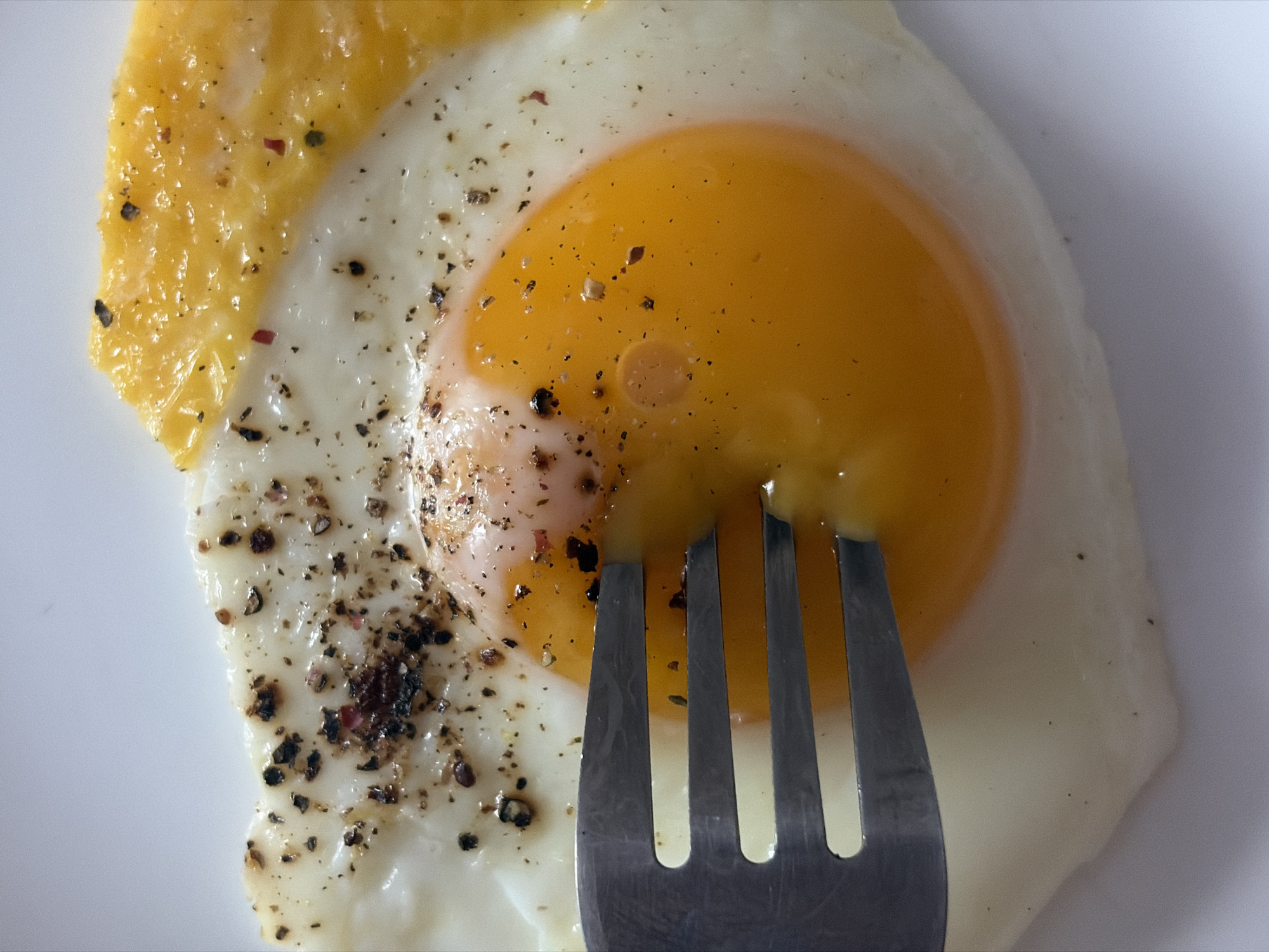 A close-up, high-angle shot reveals a fried egg sprinkled with black pepper on a white plate. A fork is inserted into the egg yolk. No location in Saint Petersburg, Russia is apparent.
