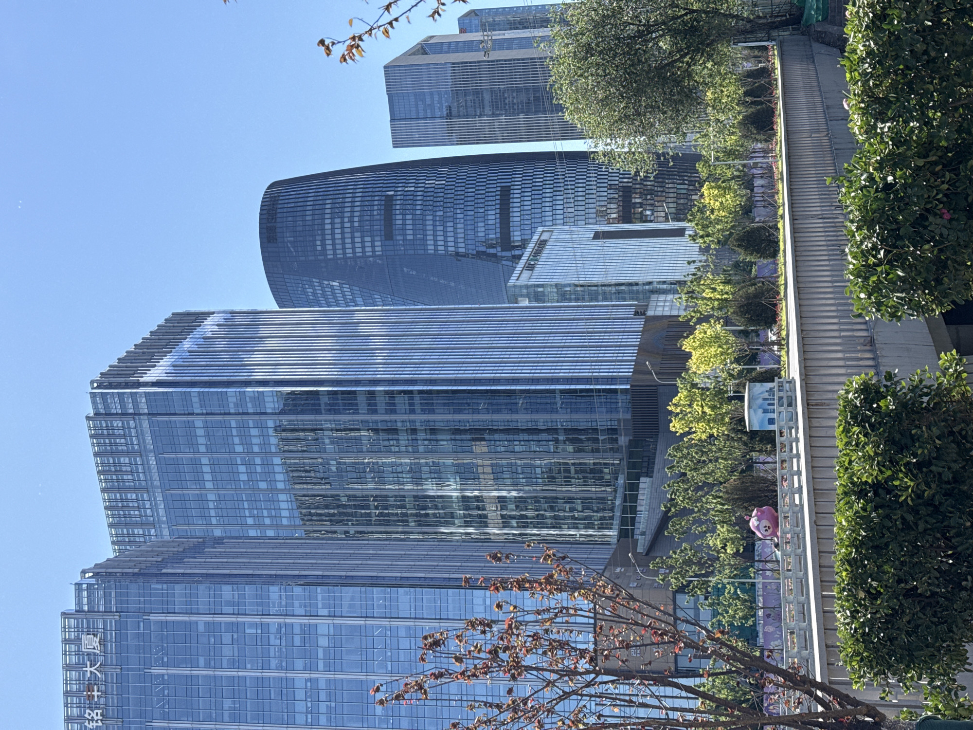 The image shows a view of several modern high-rise buildings in the Fengtai District of Beijing, China. The buildings are primarily constructed of glass and steel, reflecting the clear blue sky. A pedestrian walkway with a gray metal railing is visible in the foreground, lined with trees and shrubs. A pink balloon is attached to the railing. A few branches of trees with reddish-brown leaves are in the bottom of the image.