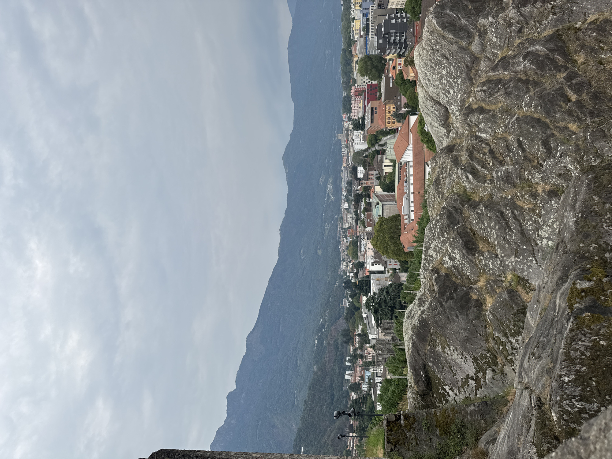 The image captures a panoramic view of the city of Bellinzona, Switzerland, from a high vantage point. In the foreground, rugged, moss-covered rocks dominate the lower part of the frame, suggesting a natural elevation or a fortified structure. A stone tower or wall is visible on the far left, partially obscuring the view.
Beyond the rocks, the city of Bellinzona unfolds with a dense collection of buildings, characterized by a mix of architectural styles and colors. Red-tiled roofs are prevalent, interspersed with modern buildings featuring concrete and glass facades in shades of white, gray, and yellow. A prominent church steeple rises above the urban landscape.
In the background, majestic green mountains form a dramatic backdrop to the city. The slopes of these mountains are densely forested, and the peaks are shrouded in a hazy, overcast sky, indicating a cloudy or possibly rainy day. The overall impression is one of a historic city nestled within a striking natural landscape. No people are visible in the image.