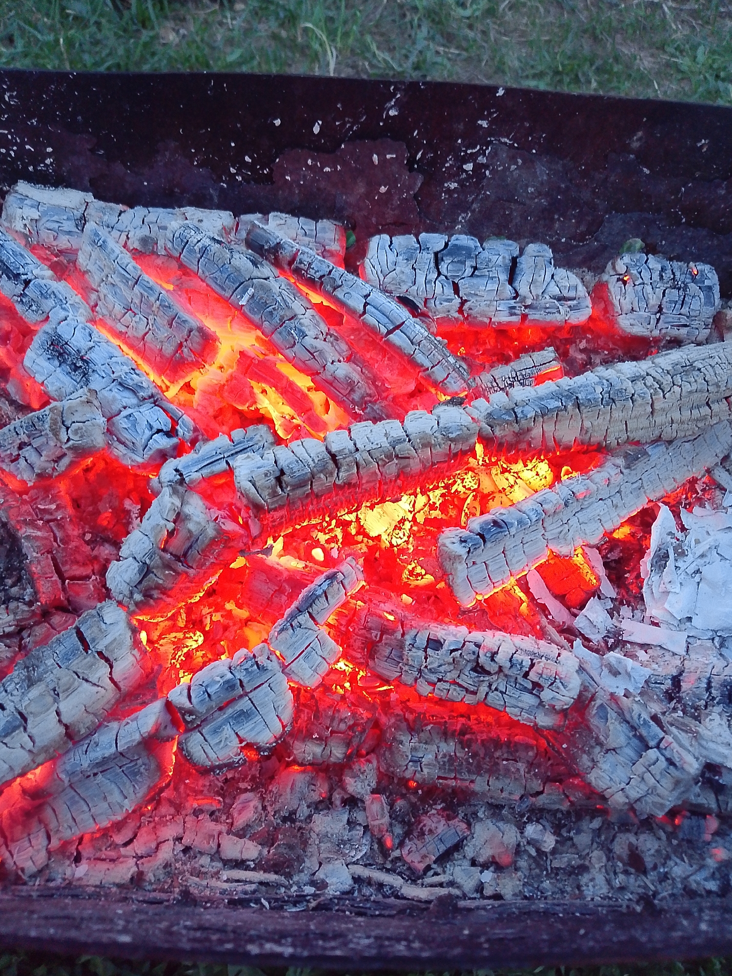 The image shows a close-up of burning embers and partially burnt wood in a fire pit. The wood pieces appear mostly grey and cracked, surrounded by glowing red and yellow embers. The fire pit itself is dark and metallic, with grass visible in the background. The location is Прикамский, Russia.