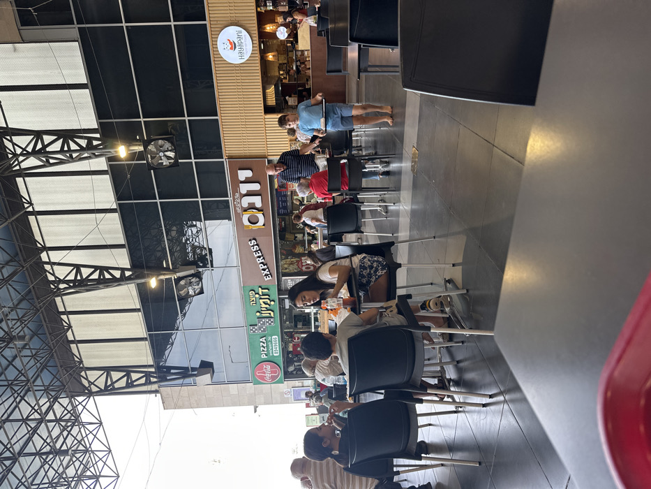 This image depicts an active food court or commercial dining area within a building in Mishmar Hasharon, Israel. The scene is illuminated by both natural light from an unseen exterior opening on the left and artificial ceiling lights mounted on an exposed metal truss structure overhead.
In the mid-ground, multiple individuals are seated at dark-colored tables with matching chairs. To the left, a group of three individuals—an adult female and two children—are actively eating or drinking. The adult female wears a light-colored top and patterned shorts, focused on her meal. One child, wearing a dark shirt, is seated opposite her, and another child is partially visible to the left. On the right side of the mid-ground, an adult male in a striped polo shirt walks past a red-clad patron seated at a table. He is accompanied by a young barefoot boy in a light blue shirt and shorts, who is carrying a tray with food items.
In the background, several food establishments are visible. From left to right, partially visible signage includes a Coca-Cola logo next to "PIZZA DOMINO'S" with the Hebrew text "פיצה דומינו'ס" and a phone number "8949666". Adjacent to this is "EXPRESS" leading to "יונגה" (Yonaga), and further right, "Hayapani" ("היפאני") is displayed on a light brown, vertically paneled facade. The upper section of the background features large, dark-paned windows reflecting parts of the interior, with industrial-style fans and lights attached to the overhead structure. The floor throughout the dining area is composed of dark gray tiles.