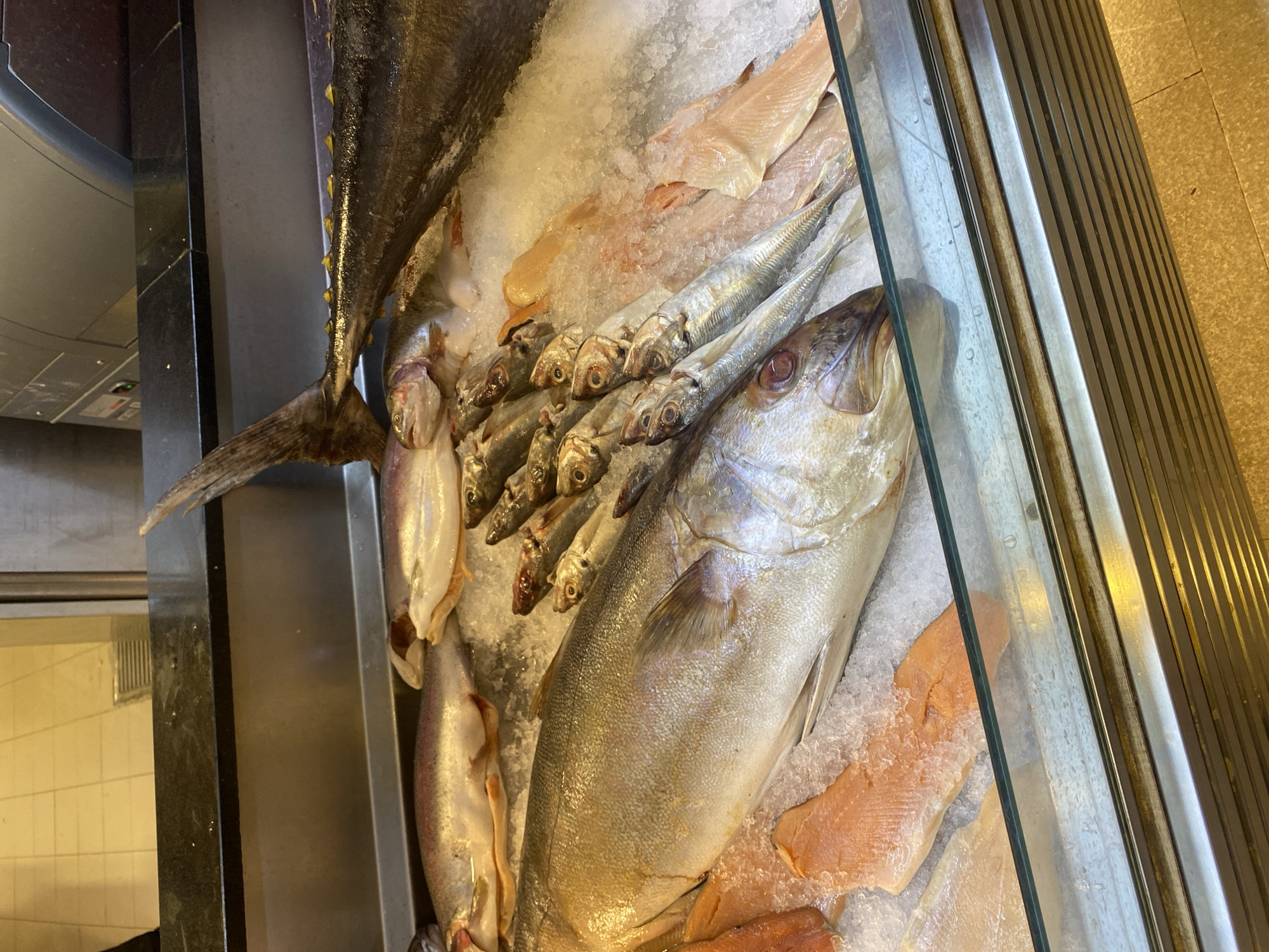 The image shows a display of fresh fish on ice at a market stall in Aksu, Turkey. The fish are arranged in rows, with a large silvery fish prominently featured in the foreground. Behind it, several smaller fish are laid out, followed by larger, dark-skinned fish at the back. Some salmon fillets are visible on the left side of the display. The fish are on a bed of crushed ice, and the display case is made of glass with a metal frame. The background suggests a marketplace environment, with what appears to be a tiled floor and a counter.
