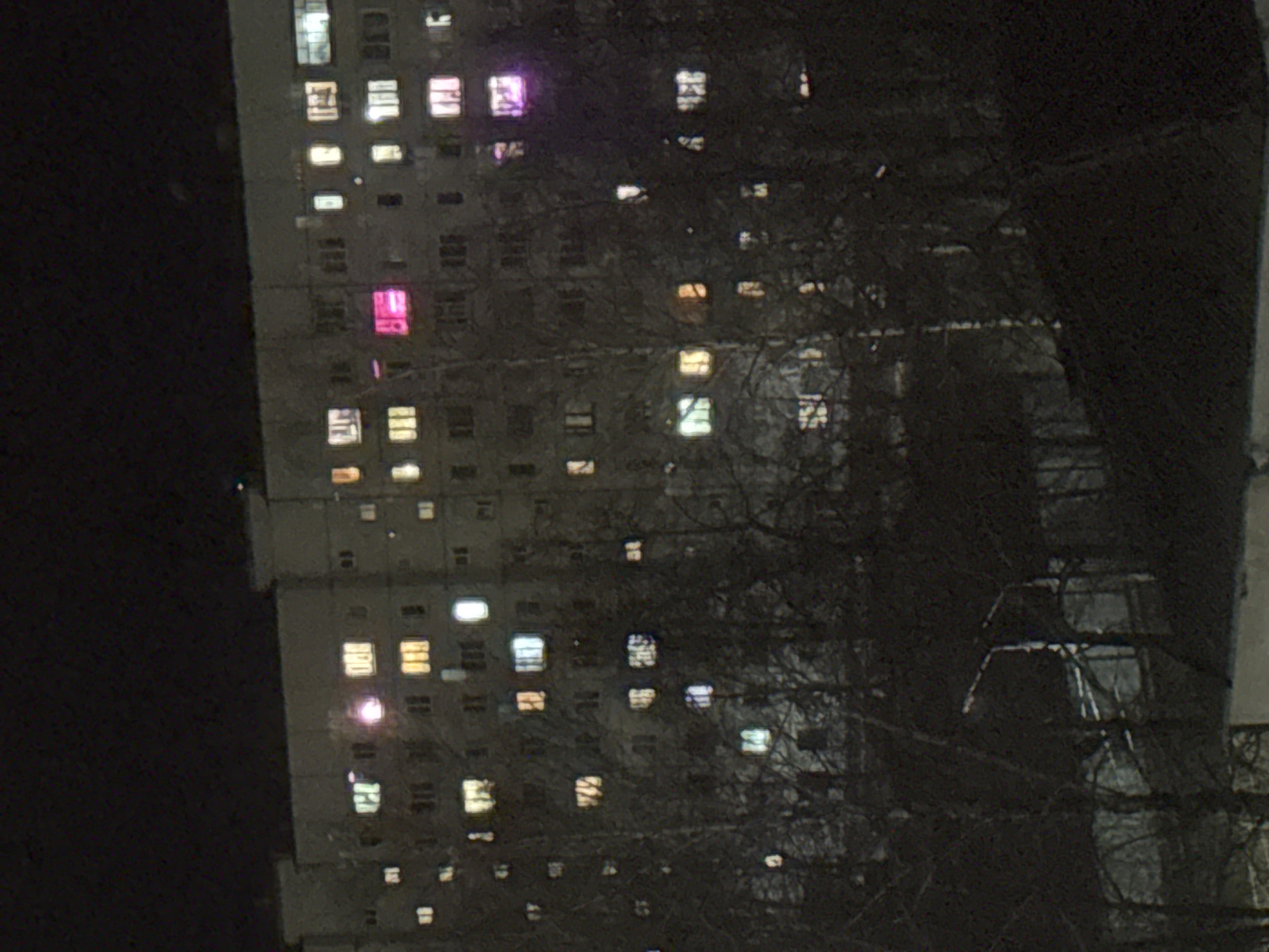 A dimly lit, tall apartment building in what is likely Chaikovsky, Russia, dominates the left side of the image. The building's windows are arranged in a grid pattern and have varying lights on in some of the apartments, including some with unusual pink and blue colors. Bare branches of a tree obscure the right side of the building and foreground of the image. The overall environment is dark, suggesting it is nighttime.