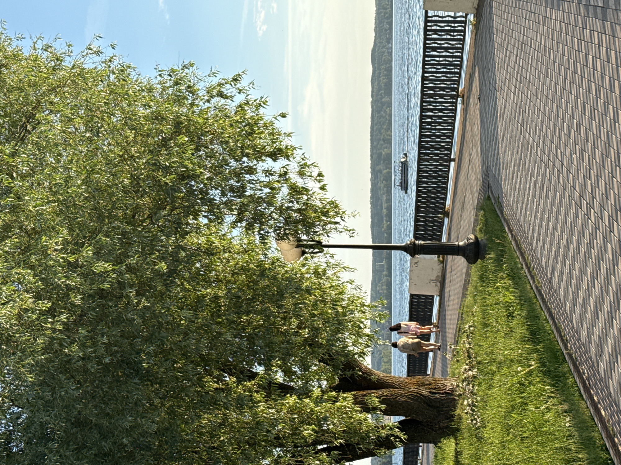 The image depicts a waterfront promenade in Votkinsk, Russia, under a clear blue sky. A large, leafy tree dominates the left foreground, its branches casting dappled shadows across the scene. In the middle ground, two individuals, a man and a woman, walk away from the camera along a paved walkway bordered by a black metal fence. Beyond the fence, a wide body of water, likely the Votkinsk Reservoir, stretches towards a tree-lined distant shore. A pontoon boat with passengers is visible on the water. A vintage-style lamppost stands near the walkway, illuminated by the warm glow of the late afternoon sun. The ground is paved with rectangular stones, and a strip of green grass with scattered dandelions runs along the left side of the walkway. The overall atmosphere is serene and picturesque, indicative of a peaceful evening by the water.