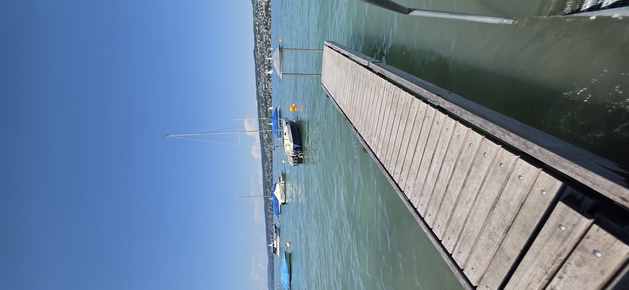 A wooden pier extends into a tranquil, greenish body of water under a clear blue sky. Several boats are moored in the water, some with blue covers and one a white sailboat with its mast standing tall. In the distance, a shoreline is visible with buildings and trees, suggesting a town or city. The pier has a metallic railing on the right side. The scene appears to be in Oberrieden, Switzerland, given the context provided. The water is calm with gentle ripples. The overall atmosphere is peaceful and summery.