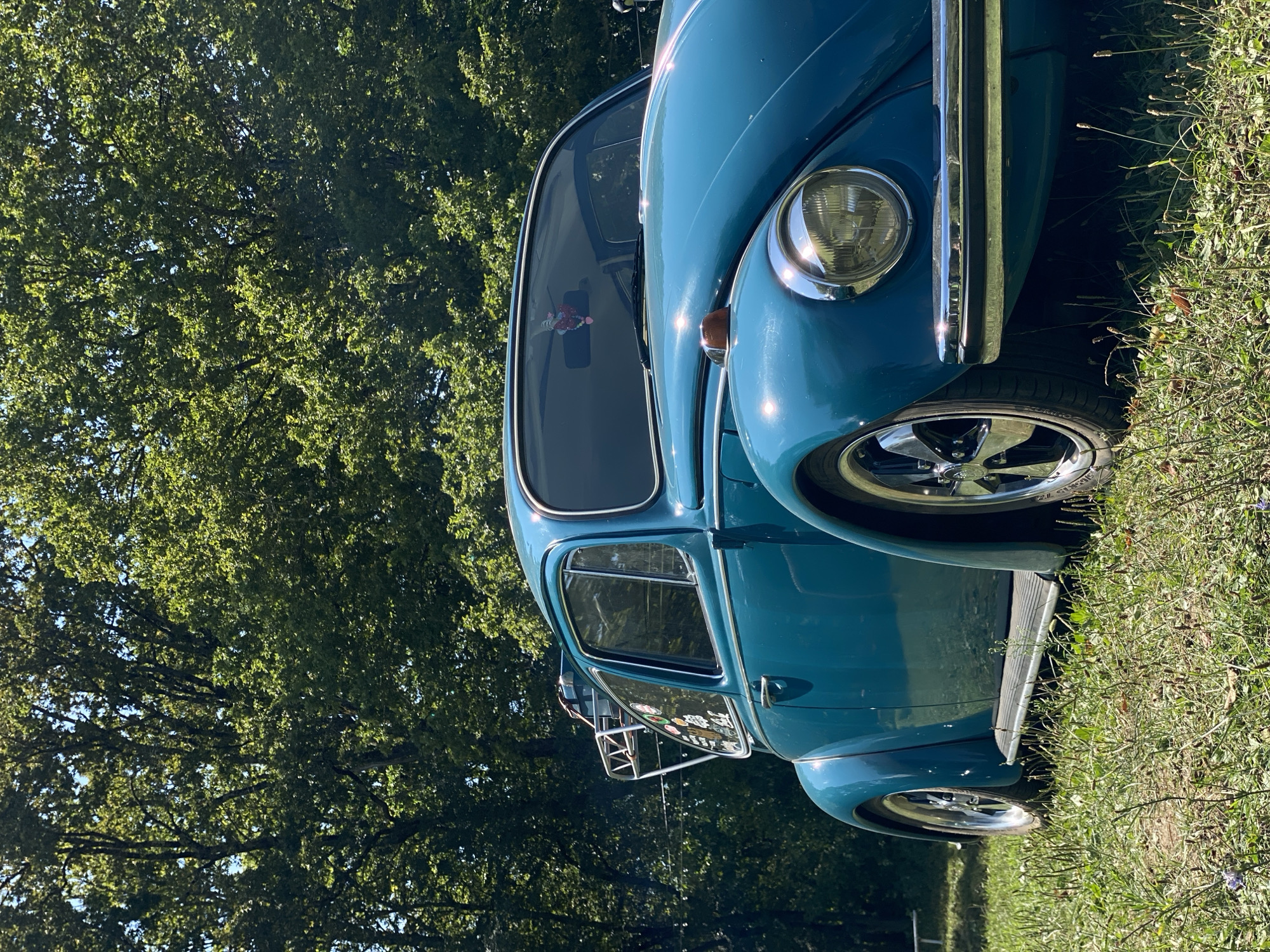 A teal Volkswagen Beetle is parked on a grassy area with trees in the background. The car has a roof rack with luggage. There are stickers on the rear window. The car is a classic model and appears to be in good condition. The sun is shining, casting shadows on the car and grass. The environment suggests a park or an outdoor gathering. There is no indication of Bezymyannoe, Russia in the image.