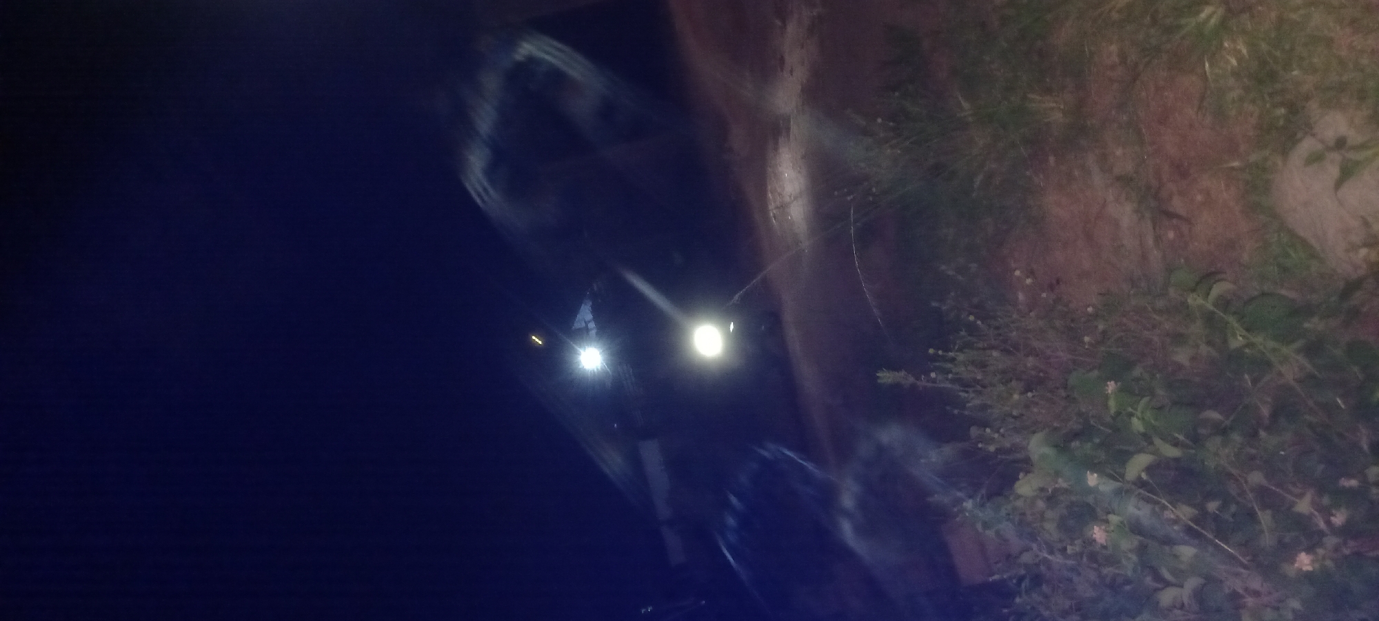 The image depicts a nighttime scene on an unpaved road or dirt path in Kwang, Nigeria. The foreground is dominated by overgrown vegetation, including leafy plants with small pinkish-white flowers and tall grasses. The ground appears to be a mix of reddish-brown dirt and rocks.
In the mid-ground, a vehicle, possibly a car or van, is parked. Its headlights are illuminated, casting bright beams onto the dark surroundings and creating lens flare effects. The vehicle itself is largely obscured by darkness and reflections. The overall impression is of a rural or semi-rural setting at night, illuminated by artificial light sources.