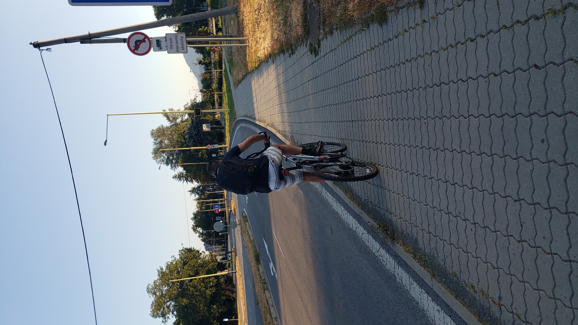 In Prešov, Slovakia, a person is captured cycling on a paved sidewalk next to a road. The cyclist, viewed from behind, is wearing a dark t-shirt, striped shorts, and a black backpack. Their bicycle is a silver mountain bike with black tires. The road to the left has white lane markings and a white curb. Streetlights are visible in the background, along with trees and a distant mountain range. A traffic sign indicating no left turn, except for service vehicles, is also present. The sky is clear and blue, suggesting it's a sunny day. The sidewalk is made of interlocking gray pavers.