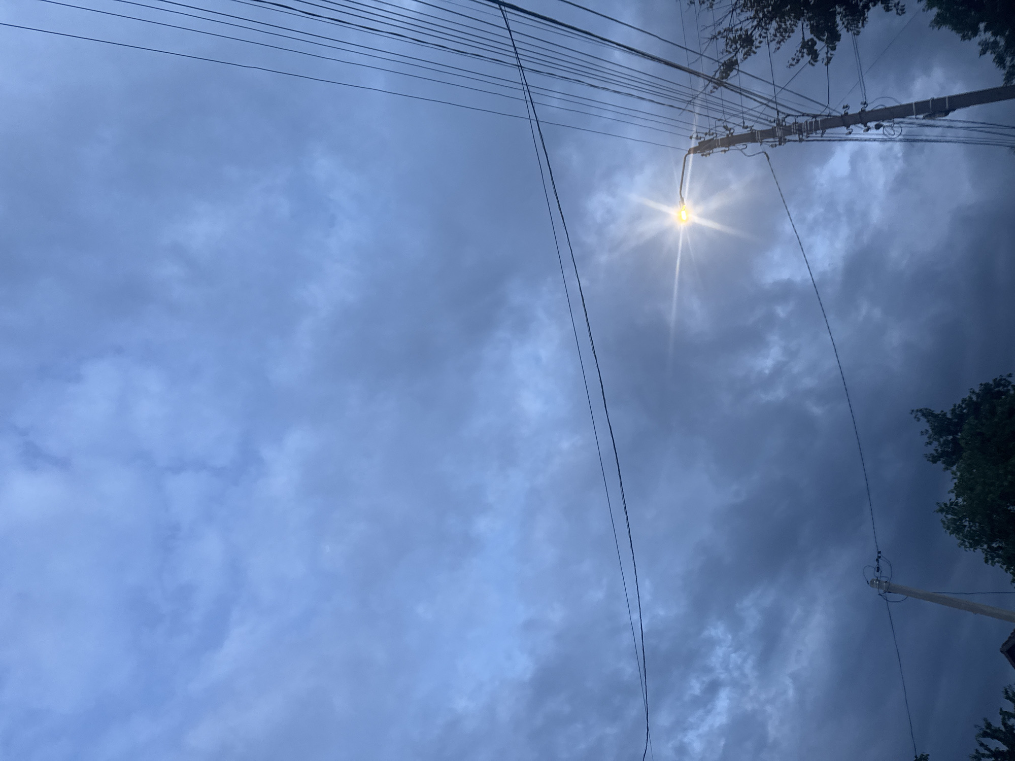 The image captures a cloudy sky with a streetlamp illuminating the scene. Numerous power lines crisscross the sky, adding a utilitarian element to the composition. In the lower portion of the frame, the tops of trees and a portion of a roof are visible, suggesting an urban or suburban setting. The overall mood is somber, likely due to the overcast weather.