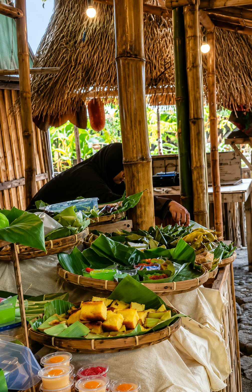 The image shows an outdoor food stall in the city of Medan, Indonesia. A person wearing a black hijab is serving food from behind a counter constructed of bamboo. Various food items are displayed on woven bamboo trays, many of them wrapped in banana leaves. Some of the visible food items include yellow cakes cut into squares, small containers of colorful jellies or puddings, and what appear to be savory snacks also wrapped in leaves. The stall has a thatched roof supported by bamboo poles, and in the background, lush green foliage is visible. The overall impression is of a vibrant street food scene.