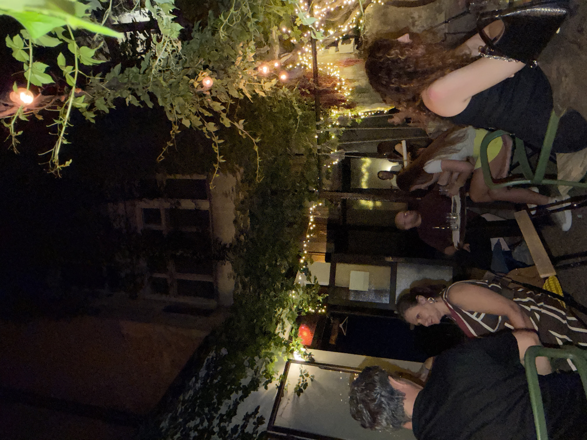 The image depicts an outdoor seating area of a restaurant or bar at night, illuminated by string lights and a few ambient bulbs. The setting appears to be a courtyard, with ivy and foliage draping from the surrounding buildings. In the foreground, several patrons are seated at tables. A man with grey hair is seated on the left, facing away from the camera. To his right, a woman with dark hair pulled back and wearing a patterned dress is looking towards the man. Further back, other individuals are visible, some engaged in conversation, while others are looking in different directions. The architecture of the building visible in the background suggests an older urban environment, possibly in a European city. The overall atmosphere is relaxed and social, characteristic of an evening gathering at an establishment. The image appears to be taken in Belgrade, Serbia, given the visual context of such courtyards often found in the city.