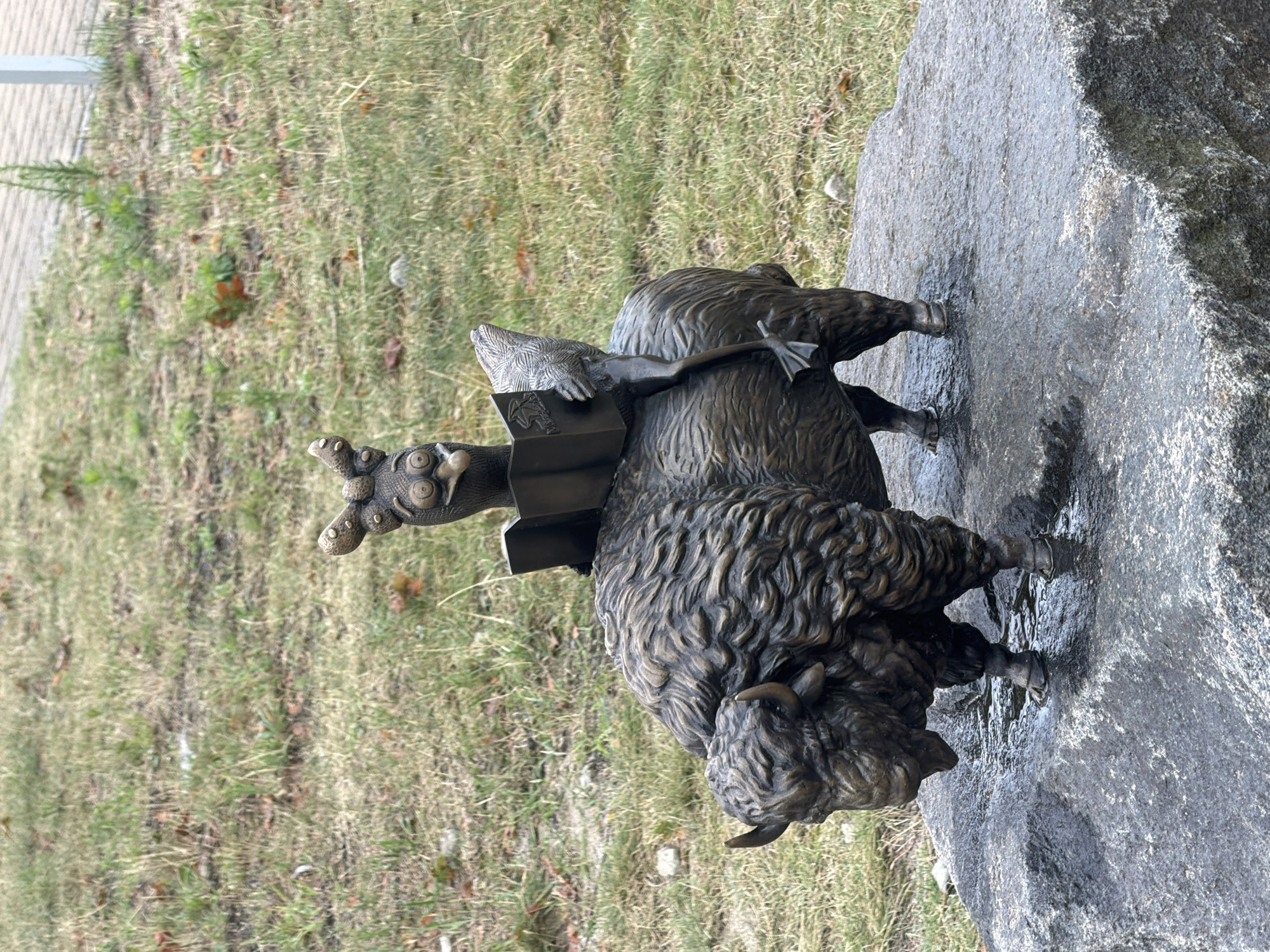 The image displays a bronze sculpture of a bison with a peculiar creature perched on its back. The bison is depicted standing on a large, wet rock, with its head slightly bowed. The creature on its back appears to be a bird-like or amphibian-like figure with large eyes and a whimsical expression, holding an open book. The sculpture is situated outdoors, with a grassy area and a paved walkway visible in the background. This sculpture is located in Międzyzdroje, Poland.