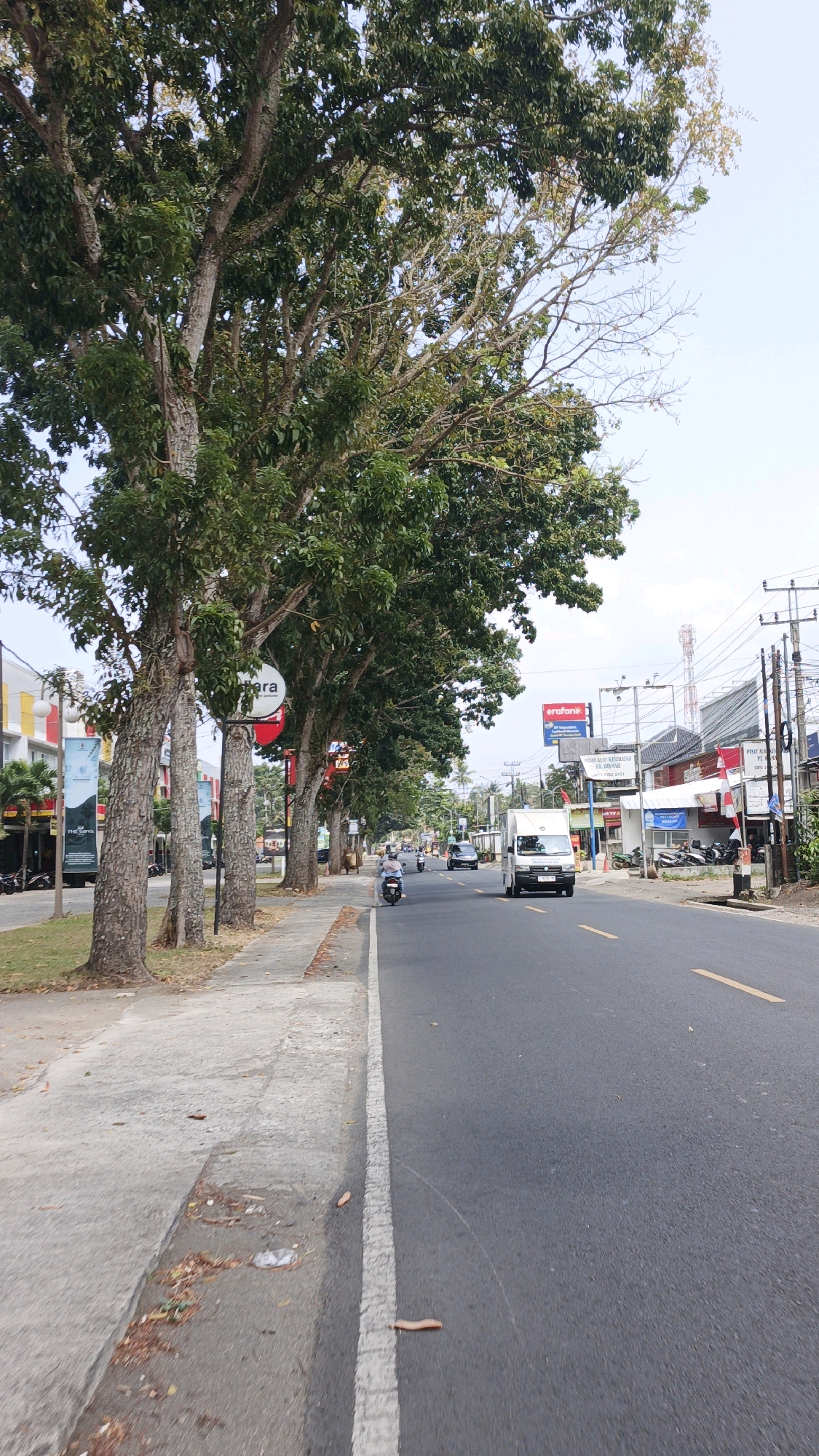The image captures a street scene in Desa Wonoharjo, Indonesia. On the left side of the road, a row of mature trees with lush green foliage lines the sidewalk. The sidewalk itself is paved with concrete and shows signs of wear, with some fallen leaves and debris scattered on it. Beyond the sidewalk are buildings, including storefronts with signage, one of which displays the word "ara" in a circular logo. Several motorcycles are parked in front of these establishments.
The road in the foreground is asphalt with yellow lane markings. A white van is driving on the right side of the road, followed by other vehicles in the distance. A person on a motorcycle is also visible on the road, heading away from the camera. Utility poles with electrical wires are present on the right side of the street, along with more buildings. The sky is overcast with a pale blue hue. The overall impression is a typical urban street in Indonesia, with a mix of natural elements like trees and man-made structures.