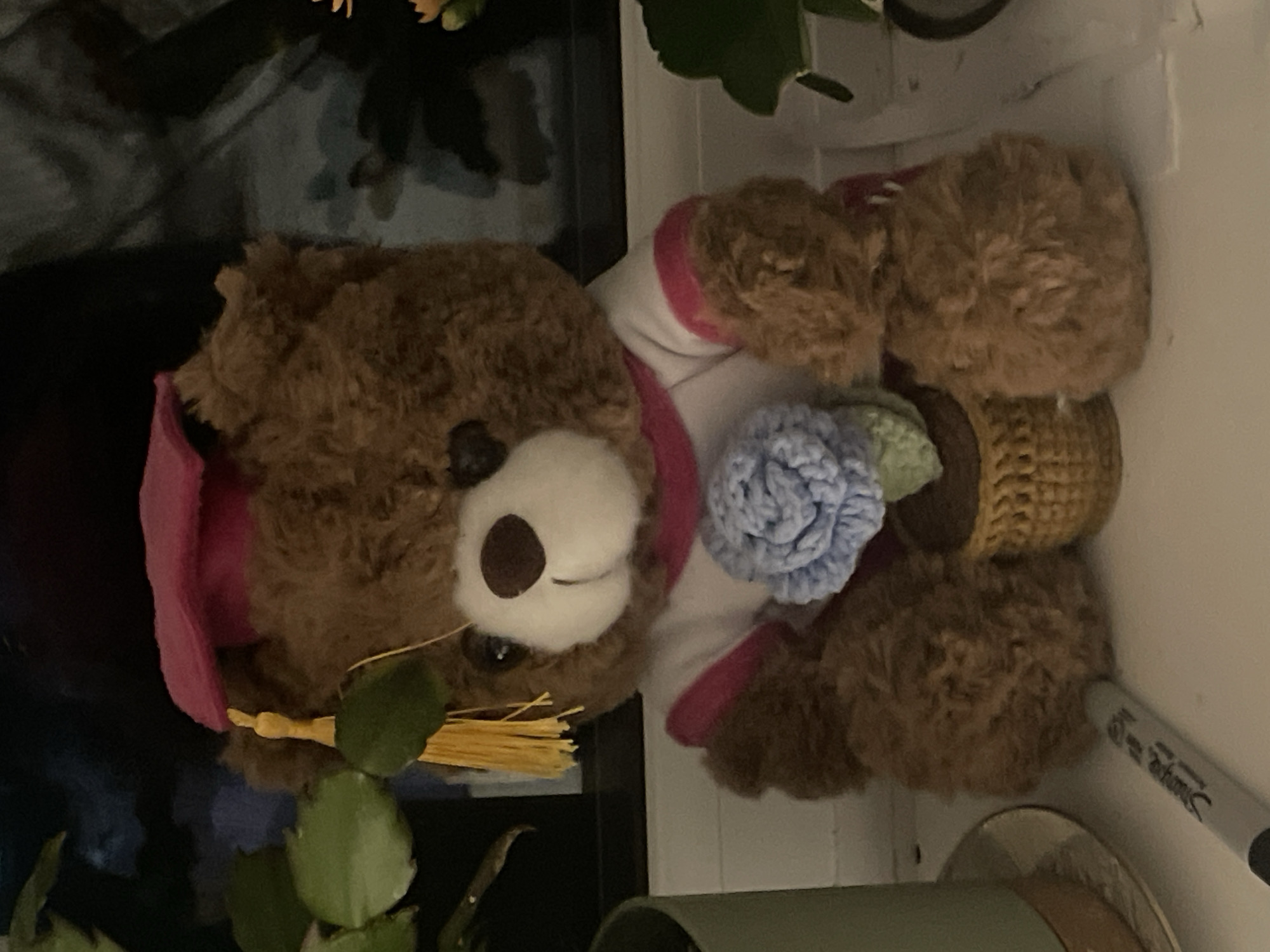 The image displays a brown, fluffy teddy bear posed in what appears to be a celebratory graduation theme, set indoors. The bear has a white snout with a dark nose and dark eyes. It is wearing a pink academic cap (mortarboard) with a bright yellow tassel hanging from it. Below the cap, the bear is dressed in a white garment with pink trim, resembling a graduation gown or sash.
To the right of the bear, there are two distinct crocheted or knitted objects: one is a light blue, flower-like or pom-pom shaped item, and the other is a brown and tan woven cylindrical object, possibly a small basket or decorative element.
In the foreground on the left, a green succulent plant is visible, partially obscuring the bear's left arm. The background behind the bear is dark and somewhat reflective, possibly a surface like a dark table or glass. To the right of the bear, a lighter wall or surface is visible, and a metallic silver-colored marker pen, identified by the partially visible text "Sharpie" on its barrel, rests near the bear's foot. Another plant is partially visible in the top right corner of the frame. The overall impression is a charming and commemorative display, likely celebrating a graduation or academic achievement.