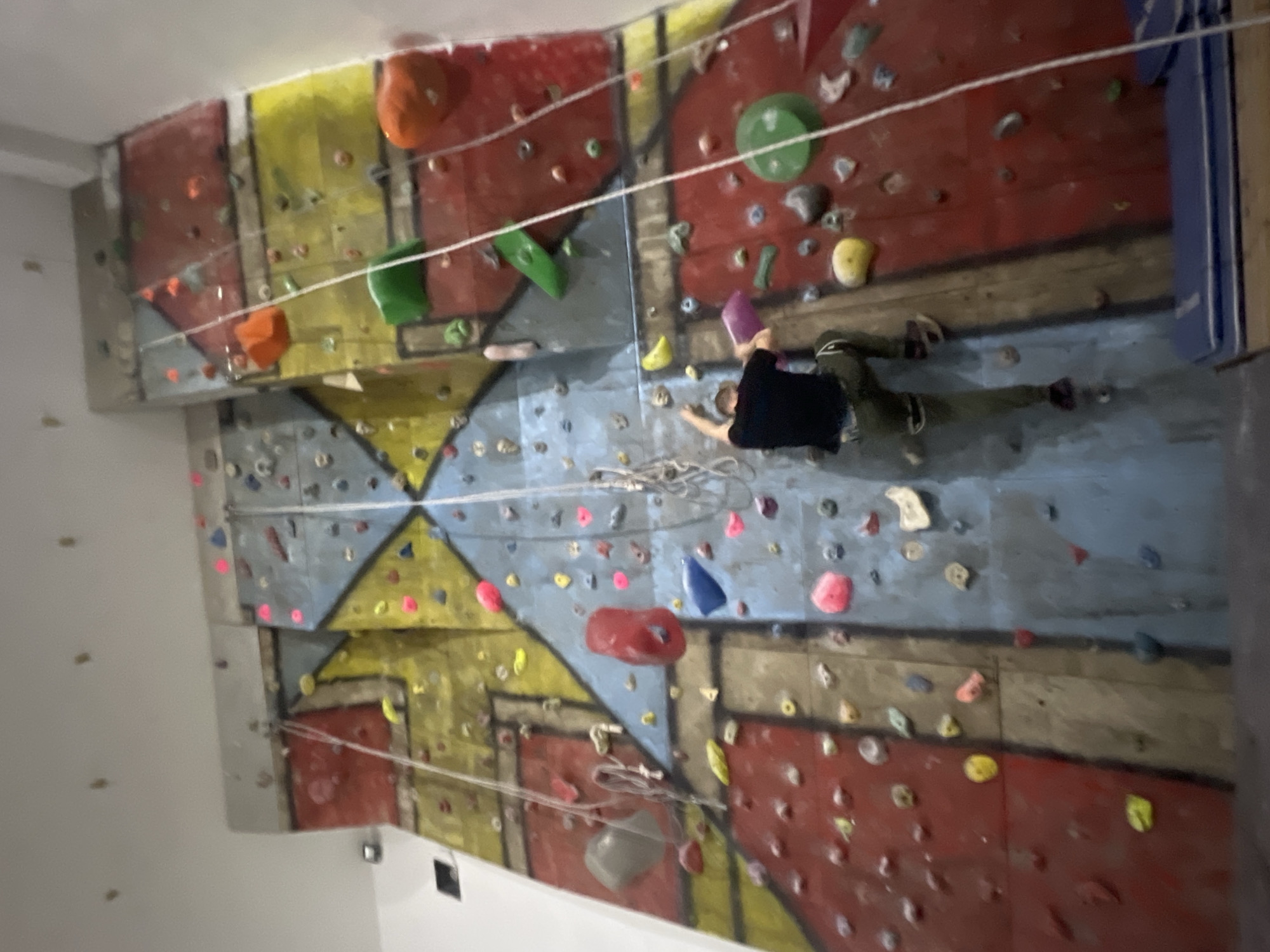 The image depicts an indoor climbing wall, likely in Elena, Bulgaria. The wall is segmented into sections with different colors, predominantly red, yellow, and blue, and features an array of climbing holds of various shapes, sizes, and colors. A person is actively climbing the wall, wearing a dark-colored shirt and pants. The climber is positioned approximately halfway up the wall. A white rope is strung across the wall, possibly as part of a climbing route or for safety. The lighting is somewhat dim, and the wall is mounted against a white-painted background.