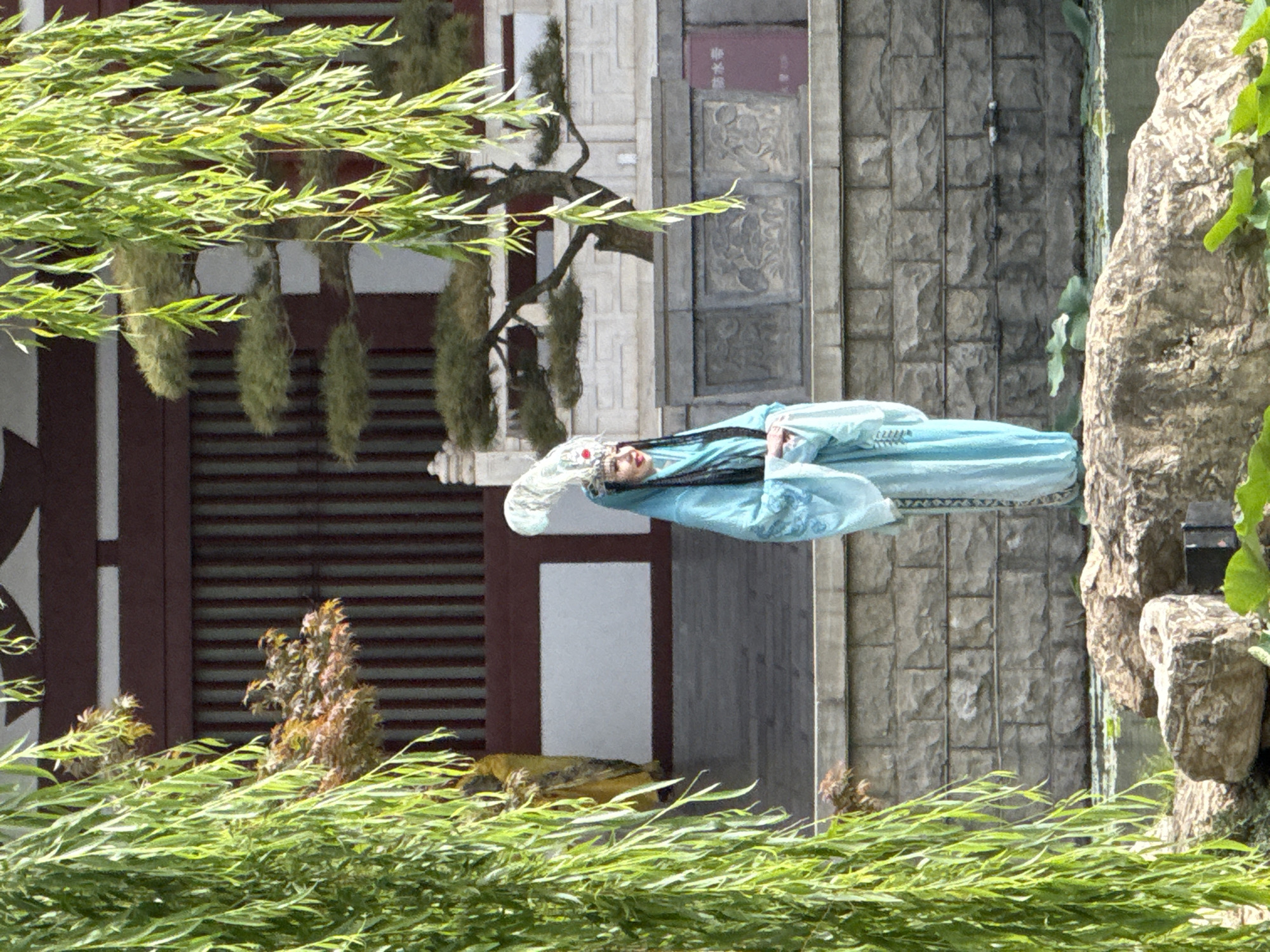 The image shows a person dressed in traditional Chinese attire, seemingly posing for a photo. The person is wearing a light blue robe and a white headdress with silver ornaments. They are standing in front of a building constructed of grey brick. There are trees with long, green leaves in the foreground. The location appears to be within a garden setting, as indicated by the presence of trees and stone features. The image appears to be taken in the city of Lintong District, China.