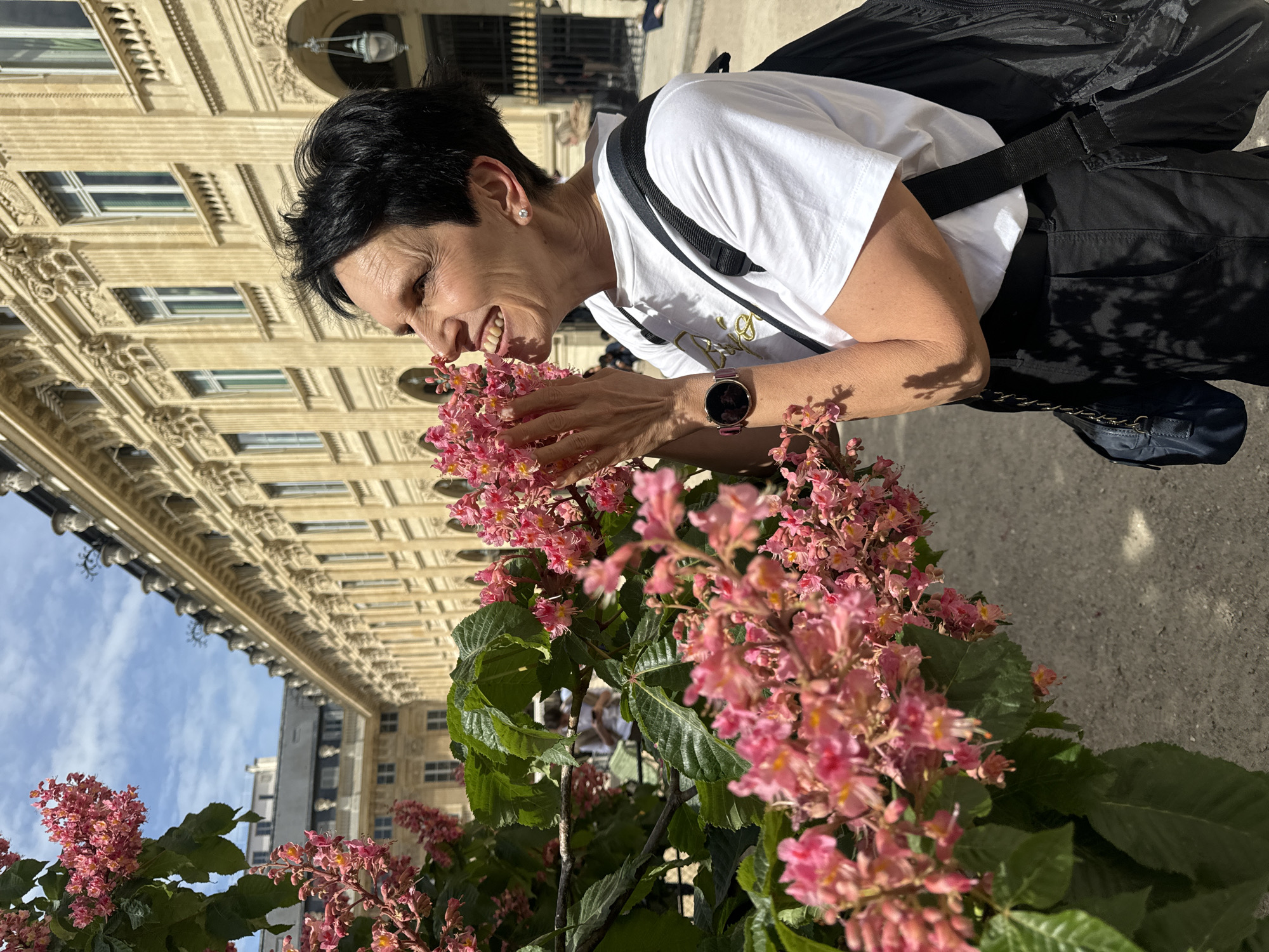 The image, rotated ninety degrees clockwise, captures a woman joyfully interacting with pink flowers on a bright day in Paris, France. The woman, with short, dark hair, is seen from the side, leaning in towards a large cluster of pink blossoms. She wears a white t-shirt with gold cursive text on the front, a black backpack or bag strap over her shoulder, and a watch with a dark casing and a pink band on her left wrist. A small diamond stud earring is visible in her left ear. She has a wide, happy smile, and her eyes are squinted, conveying a sense of pleasure as she seemingly smells or admires the flowers.
The vibrant pink flowers are abundant, surrounded by large green leaves, and appear to be part of a public planting. In the background, a grand, ornate building, characteristic of Parisian architecture, features numerous windows and decorative elements. Above the building and through the foliage, a clear blue sky with some white clouds is visible. The scene is bathed in bright daylight, casting visible shadows on the ground and the woman's arm. The overall mood is one of contentment and appreciation for the surroundings.
