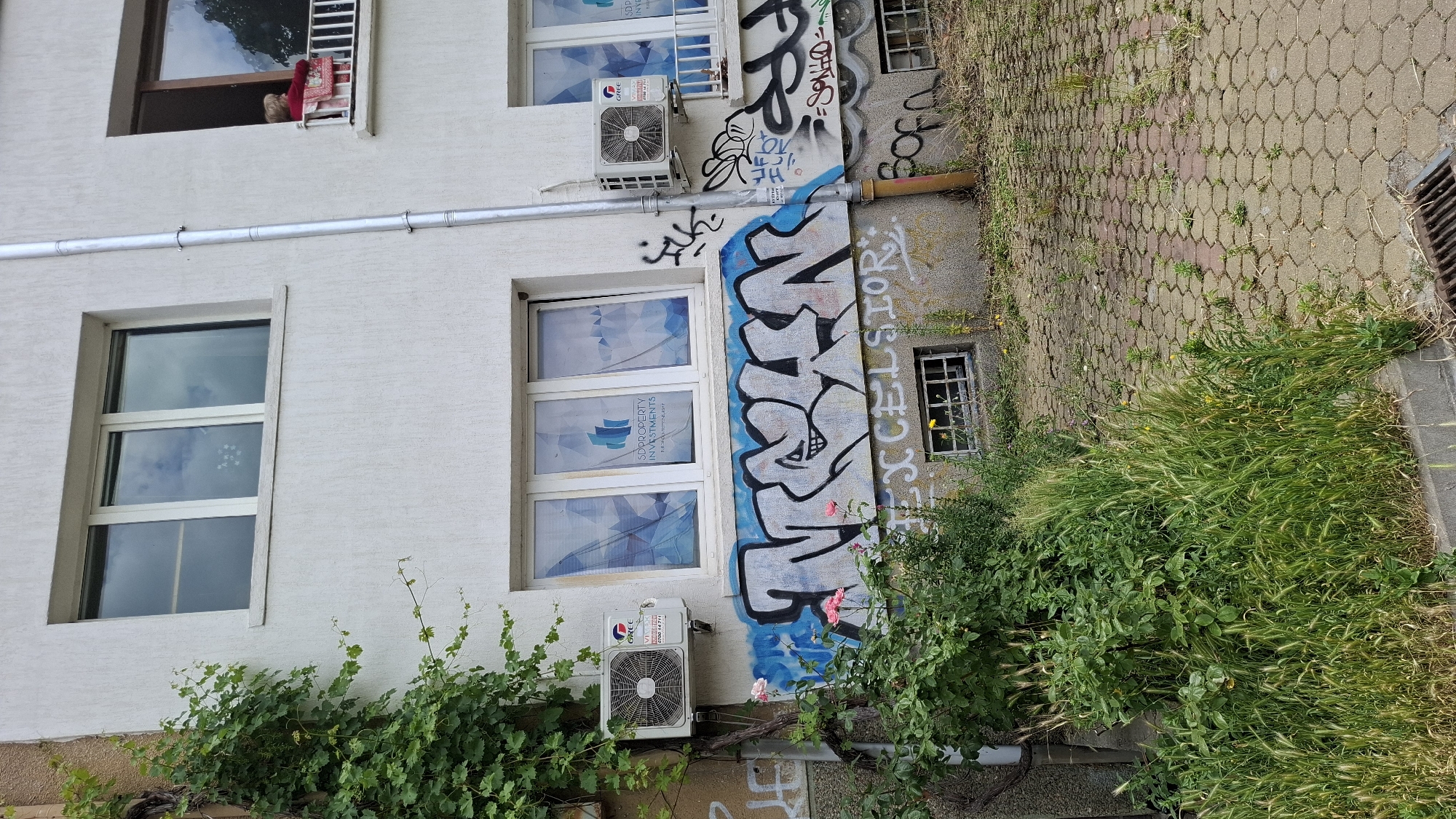 The image shows the exterior of a multi-story building in Sofia, Bulgaria, with a white stucco facade. There are multiple windows and air conditioning units visible on the building. The lower section of the building is covered in graffiti, with a large graffiti tag dominating the central area. Below the graffiti, there are small, barred windows and overgrown vegetation. A cobblestone pathway is visible in the foreground. In an upper window, a person can be seen looking out. The overall scene depicts an urban environment with elements of decay and neglect, juxtaposed with signs of greenery and occasional signs of life.