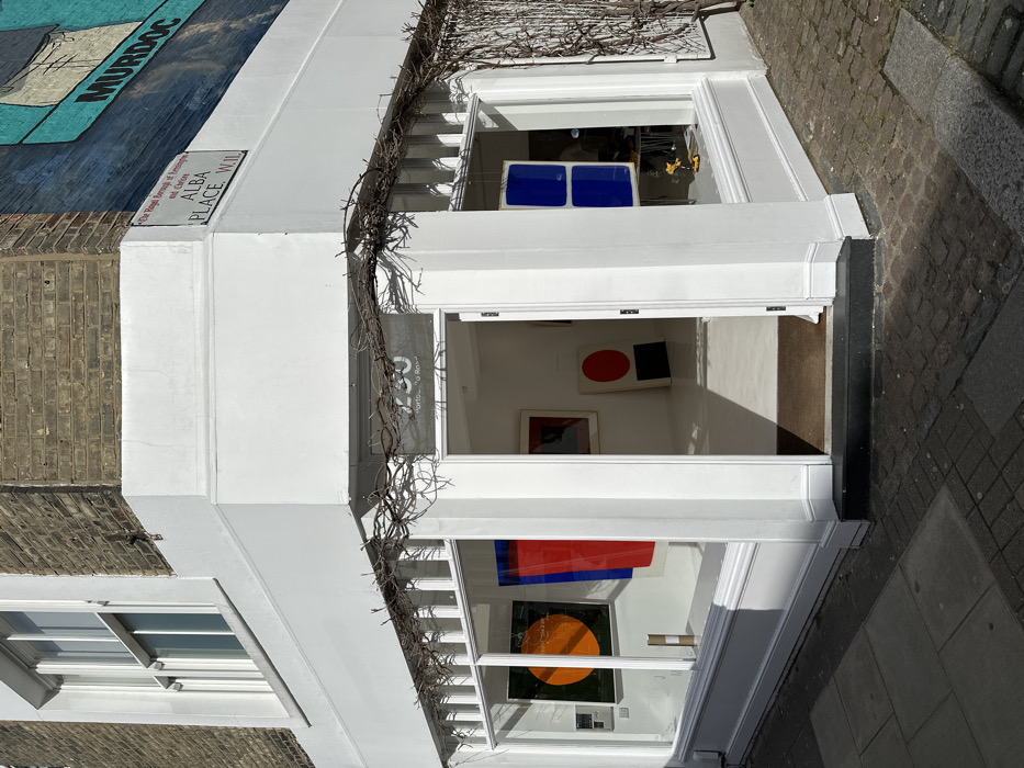 This image captures the exterior of a white-painted corner building located at 230 Portobello Road, at its junction with Alba Place, W.11., within The Royal Borough of Kensington and Chelsea, London, United Kingdom. The ground floor features large display windows on two sides and an open doorway at the corner. Above the entrance, a translucent sign indicates "230 Portobello Road." The upper story of the building consists of light brown brickwork, with a white sash window visible on the left. A white street sign with "ALBA PLACE, W.11." in black text and a red border is affixed to the building's corner. Dry, bare vine branches are draped along the facade above the windows and entrance. A large teal and black mural depicting a stylized figure and the word "MURDOC" covers the brick wall on the right side of the image.
Inside the brightly lit premises, visible through the windows and open door, white walls and a white floor are present. Multiple artworks are displayed: a framed piece featuring an orange circle on a dark background, a large vertical panel with a red section adjacent to a blue section, and a large artwork with a red circle on a black background leaning against an interior wall. Two blue rectangular panels are suspended in the right-most display window. A yellow object, possibly a tool, rests on the sill of this window. The street outside is paved with grey stone slabs on the left and darker block paving towards the building. Strong sunlight casts distinct shadows across the pavement and inside the building. No individuals are visible in the scene.