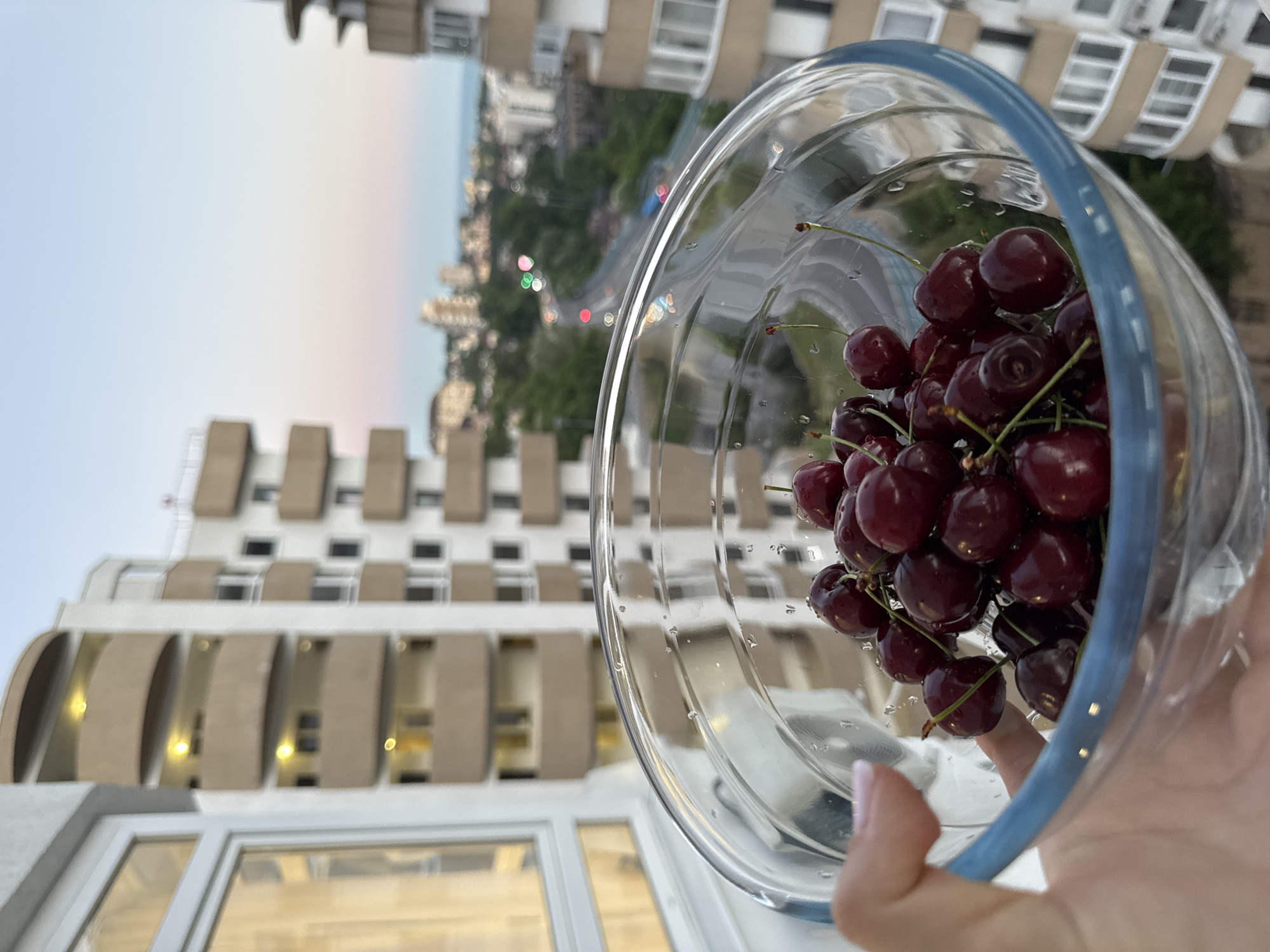 A close-up shot shows a hand holding a clear glass bowl filled with dark red cherries. The bowl has a blue rim and is speckled with water droplets. In the background, an out-of-focus city skyline is visible, with a pink and blue gradient in the sky, suggesting either sunrise or sunset. The architecture in the background features multiple-story buildings with balconies and windows. The presence of a road with car lights further indicates an urban environment. Given the details of the architecture and the likely climate indicated by the presence of fresh cherries, the scene is plausibly located in Sochi, Russia, a coastal resort city known for its subtropic climate and modern developments.