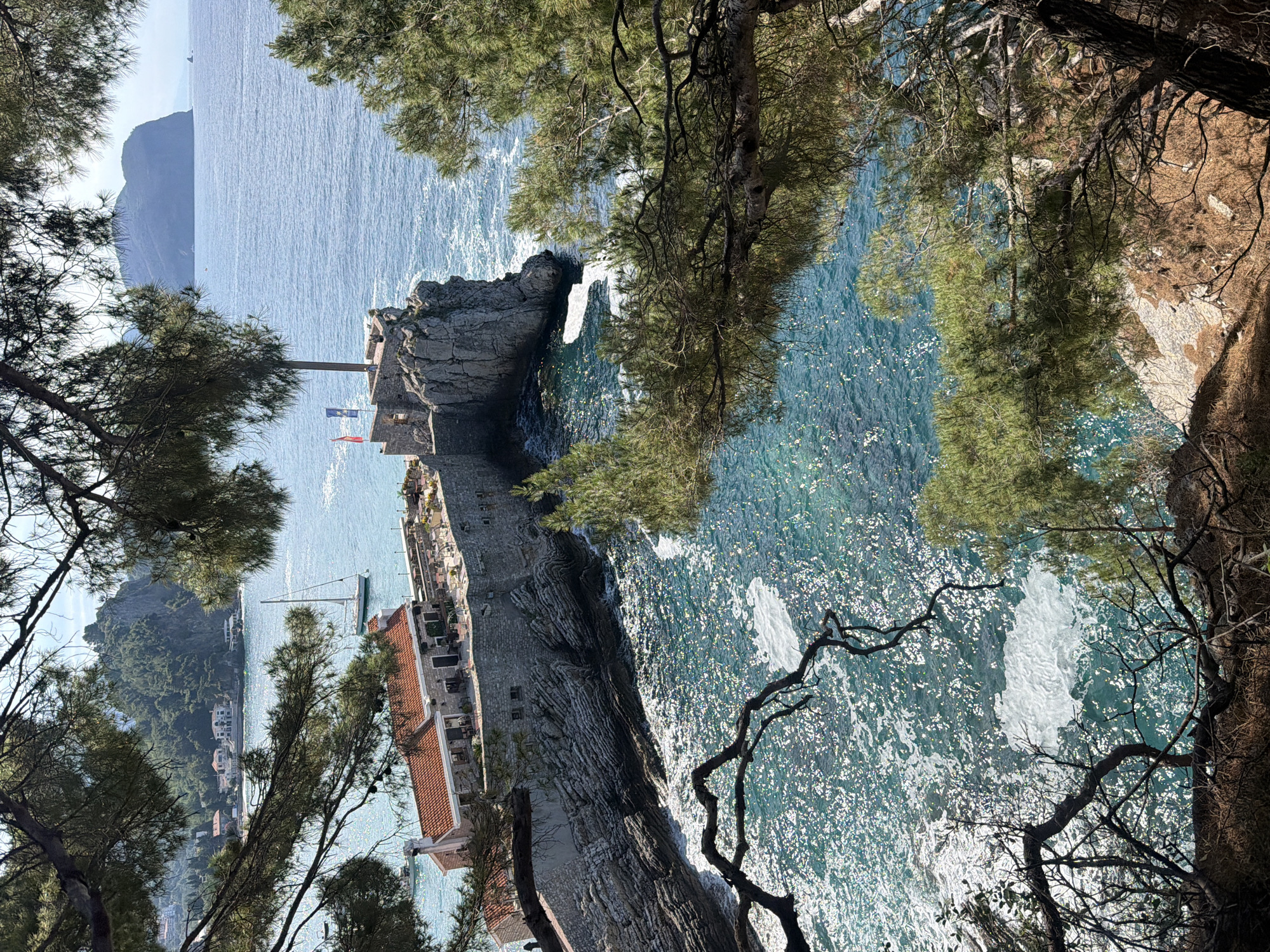 The image presents a scenic coastal view in Petrovac, Montenegro, captured from an elevated perspective, looking down towards the Adriatic Sea and coastline. The foreground is framed by the dark, textured branches and green needles of Mediterranean pine trees, some casting shadows.
The main subject is the rugged coastline where deep blue-green water, sparkling intensely with sunlight, crashes against rocky cliffs and a historic settlement. White waves are visible breaking against the shore, creating foamy patterns. To the left, a stone-walled structure, possibly part of a fortress or old town, is built directly onto the cliffs. This structure features several small windows and a flagpole from which two flags are flying; one appears to be the flag of the European Union, the other is red and blue, possibly a national or local flag. Below this, more buildings with traditional red-tiled roofs are visible, nestled along the coastline.
In the mid-distance, a sailboat with a mast is anchored in the calm waters near the settlement. Further along the coast, more buildings with red roofs and a lush green, forested hillside rise. In the far distance, across the expanse of shimmering sea, a large, dark mountain or island mass is silhouetted against the bright sky.
The scene depicts a bright, sunny day with clear skies, likely during daytime, given the strong sunlight reflecting off the water. No specific human activity or people are clearly visible, but the presence of buildings, a boat, and flags suggests a lively coastal environment. There is no visible text in the image.