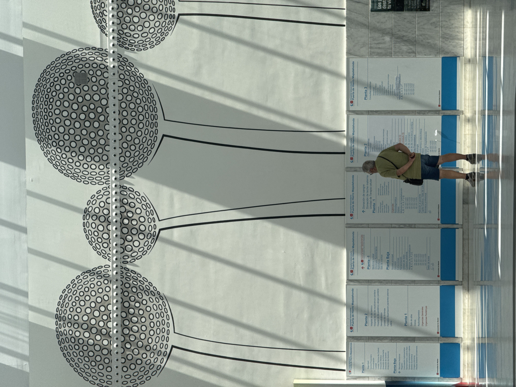 The image depicts the interior of a modern hospital, likely Hospital Universitario Puerta de Hierro Majadahonda in Majadahonda, Spain. A large-scale graphic mural featuring stylized dandelion-like seed heads adorns the upper portion of the wall. In the foreground, a man stands facing away from the camera, looking at a series of informational signs mounted on the wall. These signs provide details about hospital departments and floor layouts, indicated by titles such as "Planta 1", "Planta 2", and "Planta Baja". The lighting suggests an indoor environment with natural light streaming in from above, casting shadows on the mural. The man is dressed in casual attire, wearing a green t-shirt and blue shorts, with a dark bag slung over his shoulder. The environment appears clean and well-lit, characteristic of a public healthcare facility.