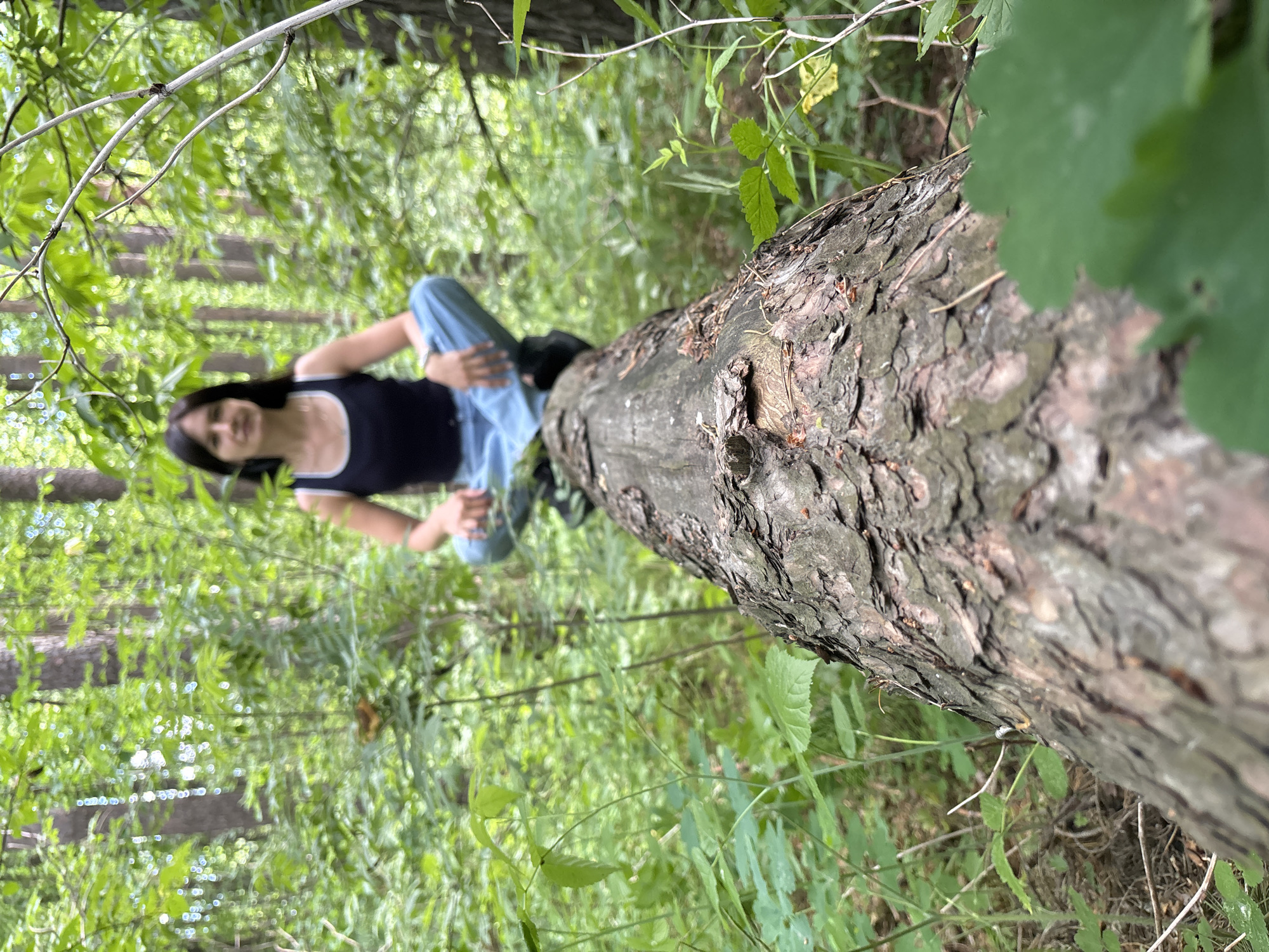 A young woman with long, dark hair is sitting cross-legged on a fallen log in a forest. She is wearing a black tank top and light blue jeans. The log is textured and appears to be aged. The background is filled with lush green trees and foliage, creating a natural, outdoor setting. The lighting suggests it is daytime. The image appears to have been taken in a wooded area in or around Chaikovsky, Russia, consistent with natural landscapes found in the region.