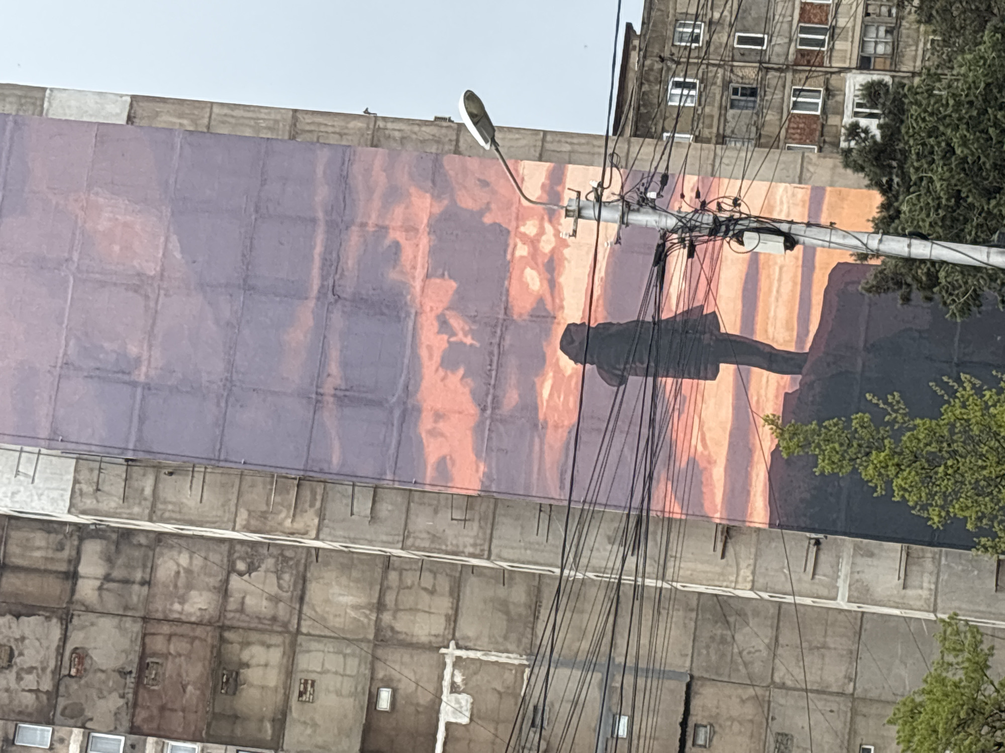 This image depicts a striking urban scene in Tbilisi, Georgia, centered around a large mural covering the side of a building. The mural itself is a vibrant depiction of a sky at dawn or dusk, transitioning from deep purples on the left to warm oranges and reds on the right. A prominent dark silhouette of a person stands within the mural, seemingly on a cliff or elevated ground, gazing towards the colorful horizon.
In the foreground, a utility pole with an attached street light extends across the frame. From this pole, a dense and complex network of numerous black electrical or communication wires hangs and crisscrosses, partially obscuring the mural and the surrounding architecture.
Behind the mural and extending above and below it, an old, weathered concrete building is visible. This structure is characterized by large, rectangular panels or blocks and features multiple windows, some of which are intact, while others appear boarded up, broken, or simply dark voids. The building shows signs of age and wear. To the far right, lush green foliage from trees adds a natural contrast to the urban hardscape. The sky above is a pale, almost white hue. No discernible text is visible within the image.
