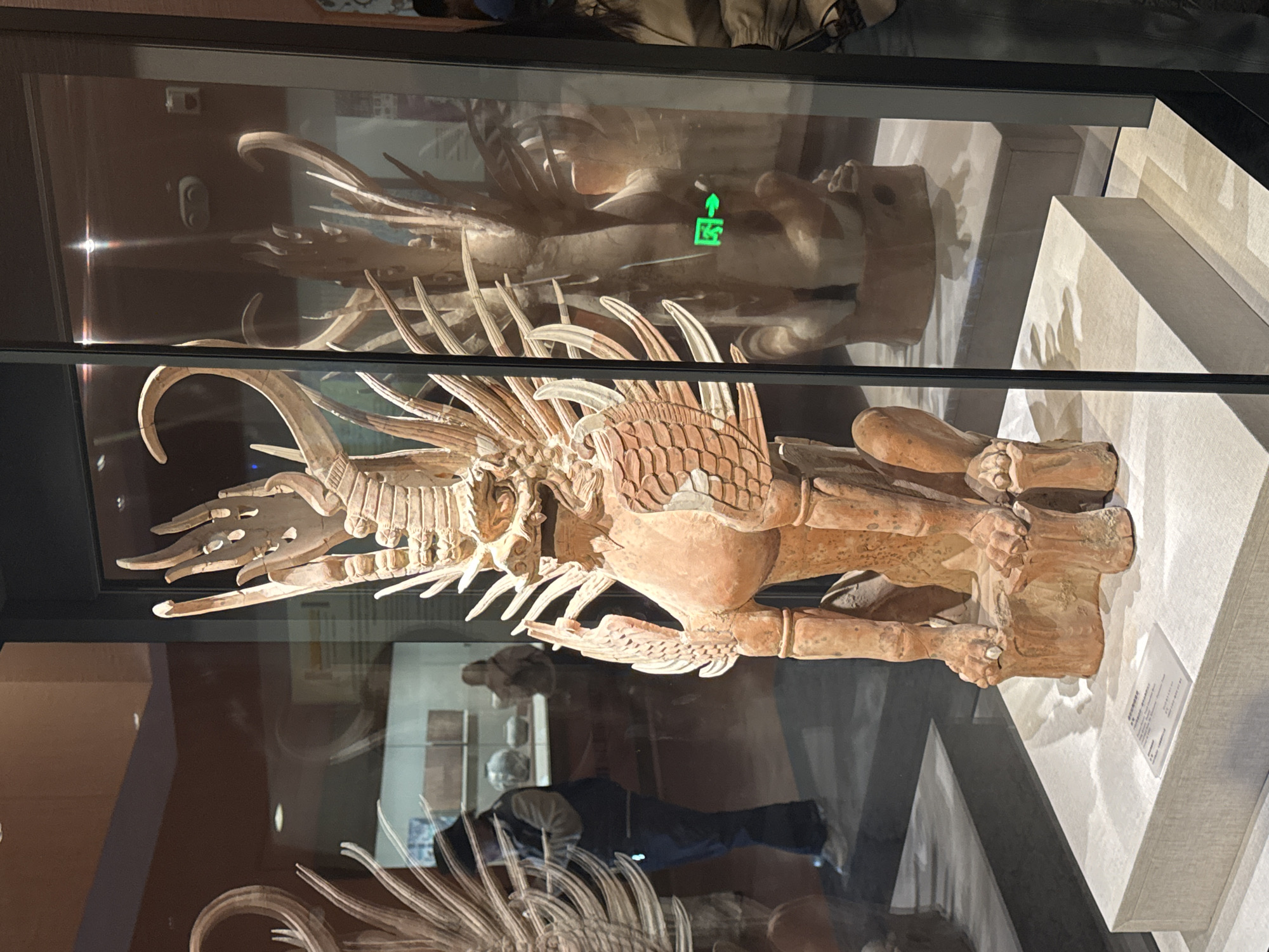 The image shows a terracotta sculpture of a mythological creature, possibly a guardian figure or chimera, displayed within a glass case in what appears to be a museum setting. The sculpture is a light brown color and has a complex design with wing-like appendages, a scaled body, and stylized features. Reflections in the glass suggest the presence of other artifacts and visitors in the museum. The image may have been taken in a museum in Dunhuang City, China.