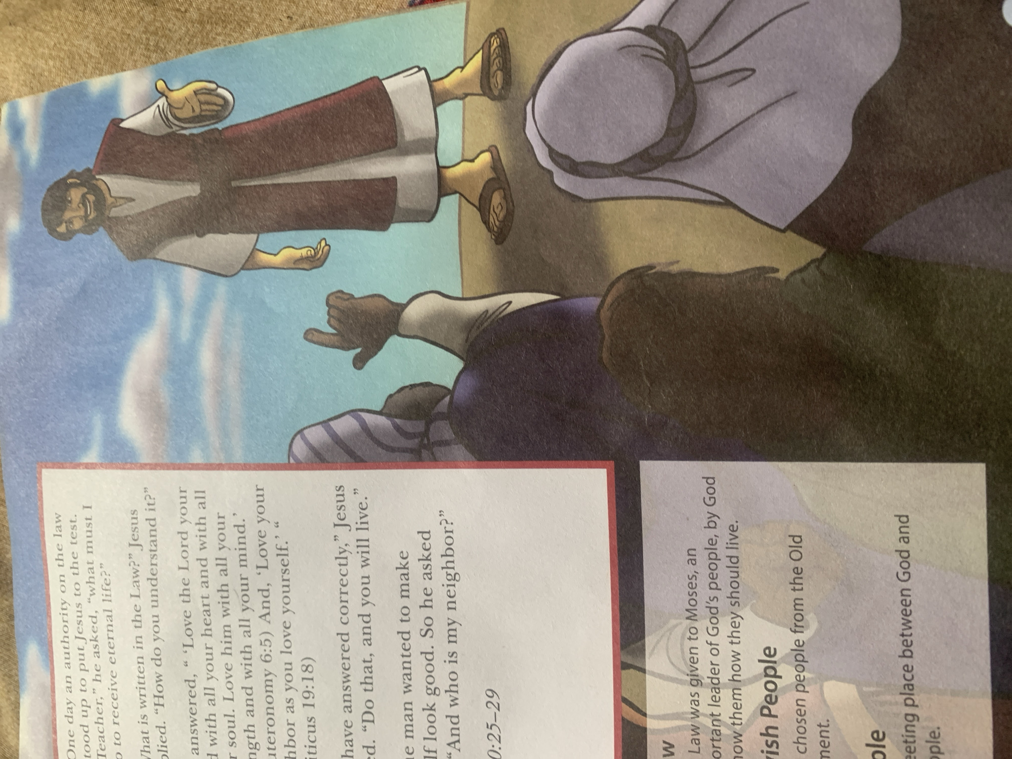 The image shows an illustration from a religious text. In the foreground, a crowd of people wearing traditional attire are gathered, with some partially visible. In the background, a man, depicted as Jesus, stands with his arms outstretched, seemingly addressing the crowd. The scene is set against a backdrop of a sky with clouds. There is text accompanying the illustration, but its content is not directly related to the city of Jauro Yinu, Nigeria.