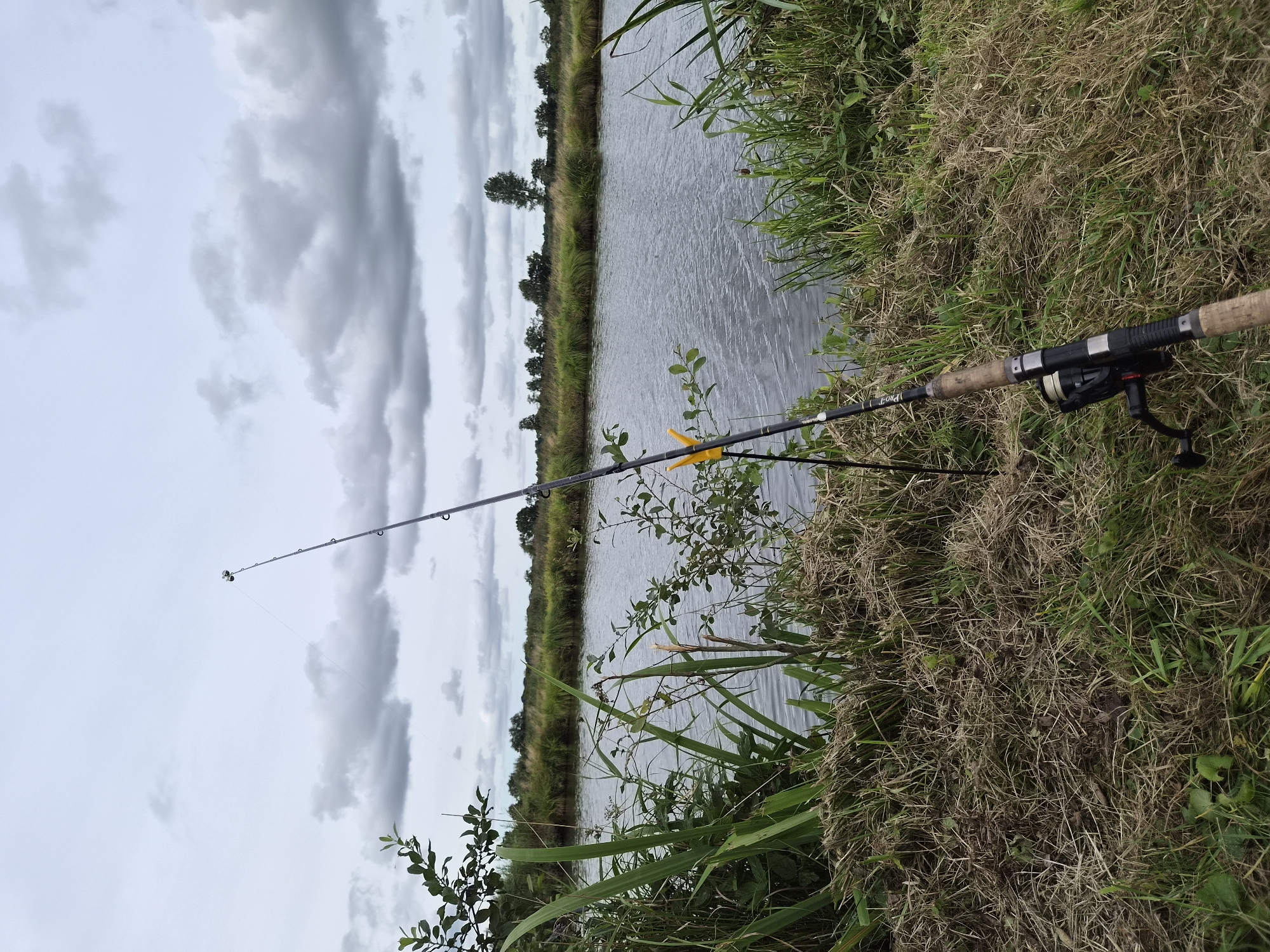 A fishing rod rests on the grassy bank of a narrow river, its tip pointed towards the overcast sky. The rod is positioned diagonally in the foreground, with its reel visible. The river water reflects the cloudy sky, and reeds and other vegetation line its banks, extending to a distant treeline. The scene appears to be in a rural or natural setting, possibly Geestland, Germany, given the context.