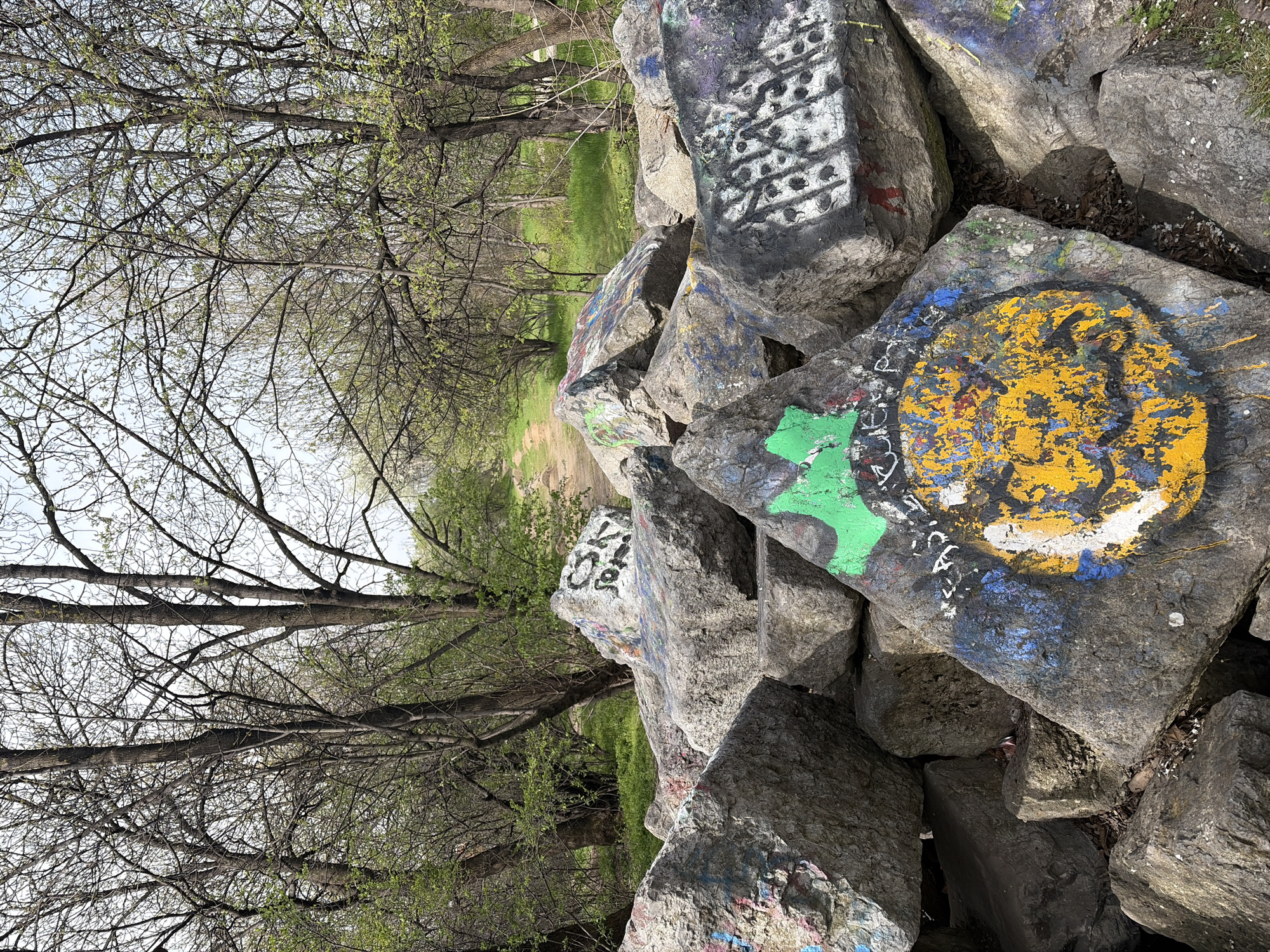 The image depicts a scene in a park-like setting. A pile of large, gray rocks with colorful graffiti is prominently featured. The graffiti includes yellow, green, blue, and white paint. Behind the rocks, a dirt path is visible, leading into a green area with trees. The trees are mostly bare, with some early spring foliage budding. The sky is overcast. It is likely that the location is a park area or recreational space, possibly in Sofia, Bulgaria.