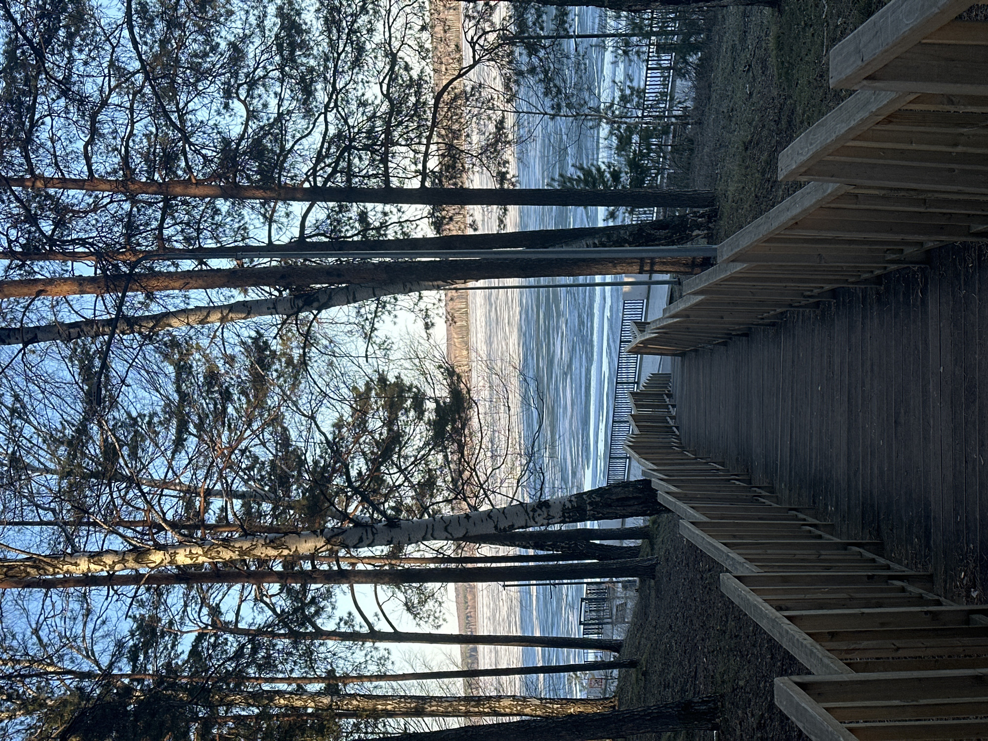 The image shows a boardwalk leading towards a partially frozen lake in Chaikovsky, Russia. The boardwalk is made of wood and has railings on both sides. Trees line the left side of the boardwalk. The lake is partially covered with ice, and the sky is visible in the background.