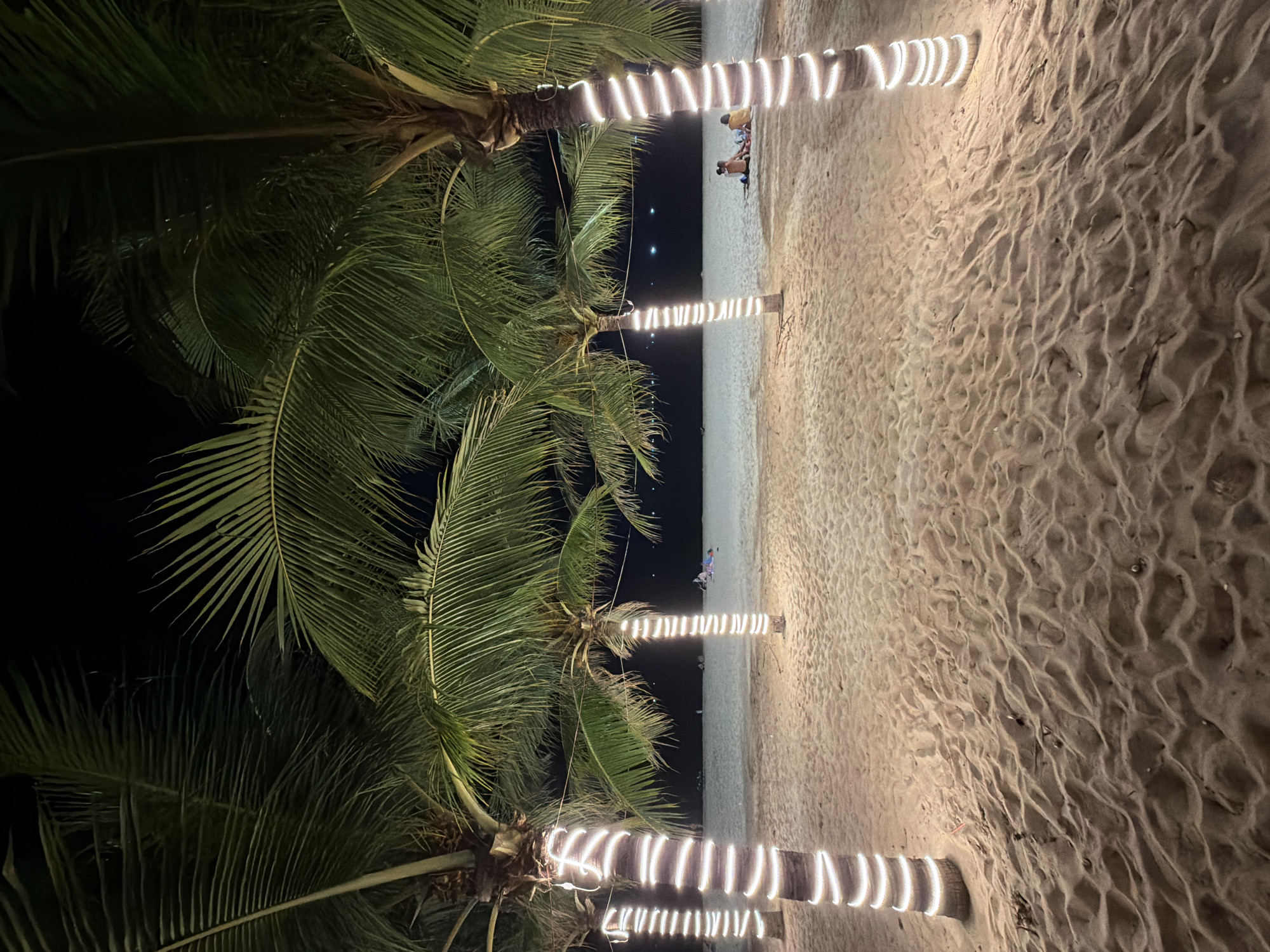 The image depicts a nighttime scene on a beach in Nha Trang, Vietnam. Several palm trees are prominent in the foreground, with their trunks wrapped in white string lights. The sand is textured with ripples and undulations, illuminated by the lights and possibly ambient sources not visible in the frame. In the background, the calm sea is visible, with a dark horizon and distant lights suggesting a city or other illuminated structures. A few individuals are seated on the sand near the water's edge, appearing to be relaxing. The overall atmosphere is serene and festive, with the lighting creating a warm glow on the beach.