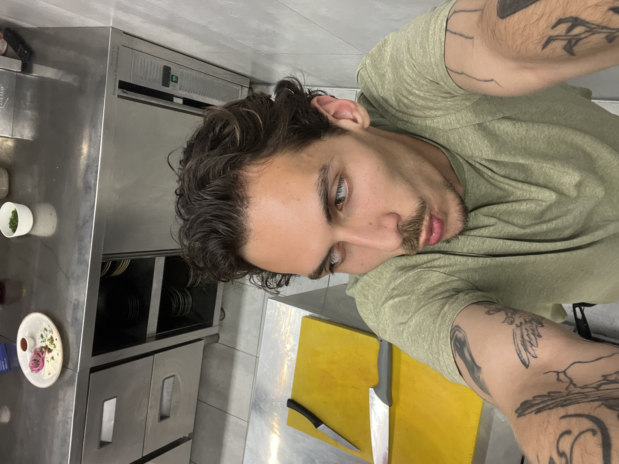 A close-up, canted shot depicts a man with tattoos on his arms, taken at a high angle, presumably a selfie. He has dark, wavy hair, light eyes, and a mustache/goatee. He's wearing a light green t-shirt. The location appears to be a professional kitchen with stainless steel countertops and cabinets. On the counter is a plate of food, a small bowl, and a yellow cutting board with two knives. Based on the details of the kitchen setup and the presence of professional cooking equipment, it is most likely located in the city of Budva, Montenegro.