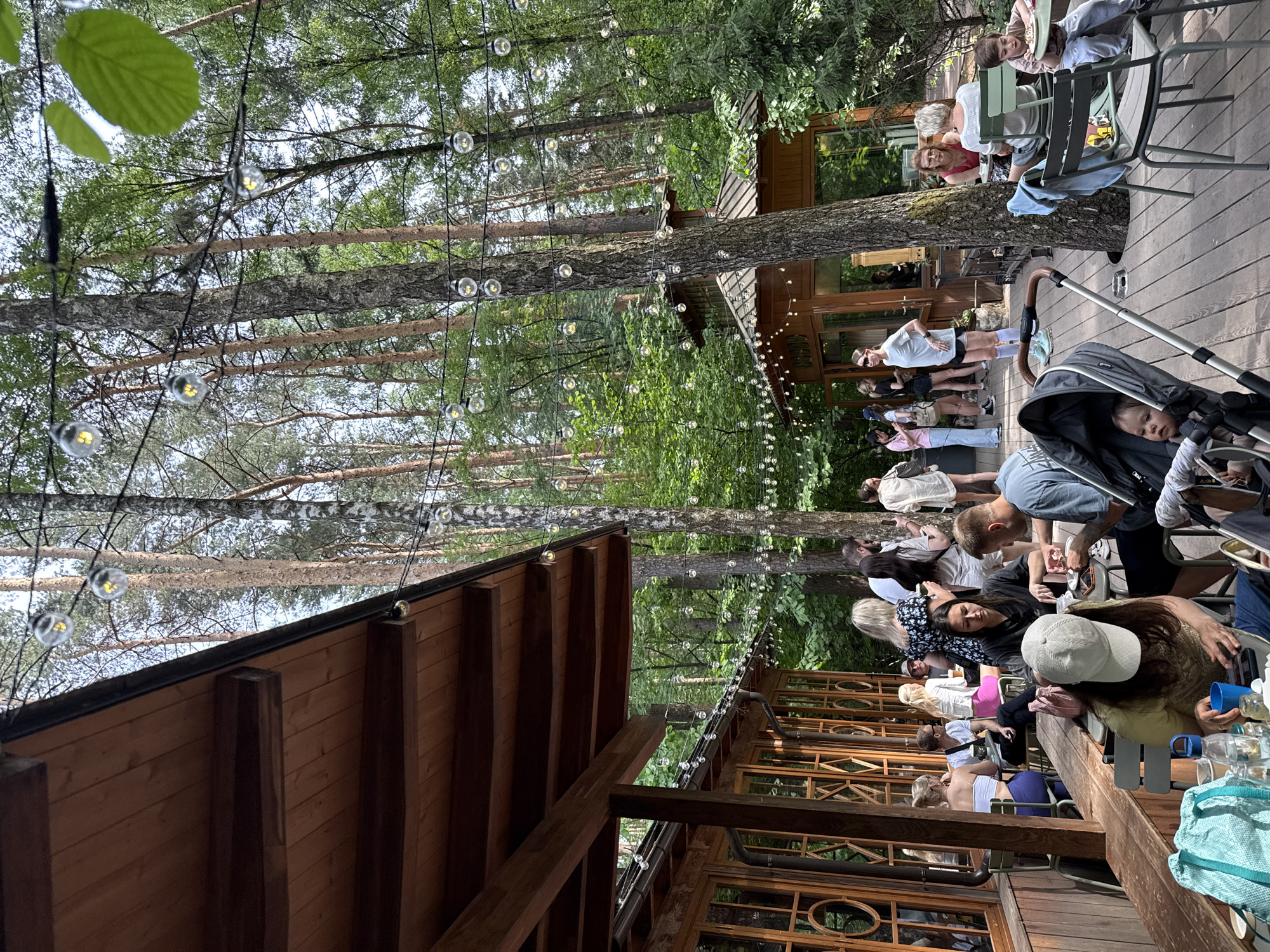 The image depicts an outdoor dining area within a forested setting in Nemchinovo, Russia. The scene features a large, rustic wooden building with a wide overhang and numerous framed windows, suggesting a restaurant or cafe. Adjacent to it, a wooden deck serves as an outdoor patio furnished with dark metal tables and chairs. A smaller, octagonal wooden kiosk-like structure with a dark roof stands further back on the deck, surrounded by tall trees.
The environment is characterized by dense woodland, with numerous mature trees, including pine and birch, and lush green foliage. Strands of string lights with clear, illuminated bulbs are suspended between the trees and buildings, creating an overhead canopy of illumination.
Approximately 20-30 individuals are present, engaging in various activities. Several groups are seated at tables on the deck, consuming food and beverages. These include adults and a young boy with light hair eating from a plate. Another individual, wearing a light-colored baseball cap, is seated at a table with a turquoise bag, bottles, and a mobile phone. An infant is visible in a dark-colored stroller positioned at the lower left. Other people are standing and socializing in small groups near the smaller kiosk-like structure and along the main building, some appearing to order or wait. Attire is casual summer clothing. Visible objects on tables include drinks, plates, and personal items. The overall impression is a bustling outdoor cafe or restaurant situated within a natural, wooded landscape.