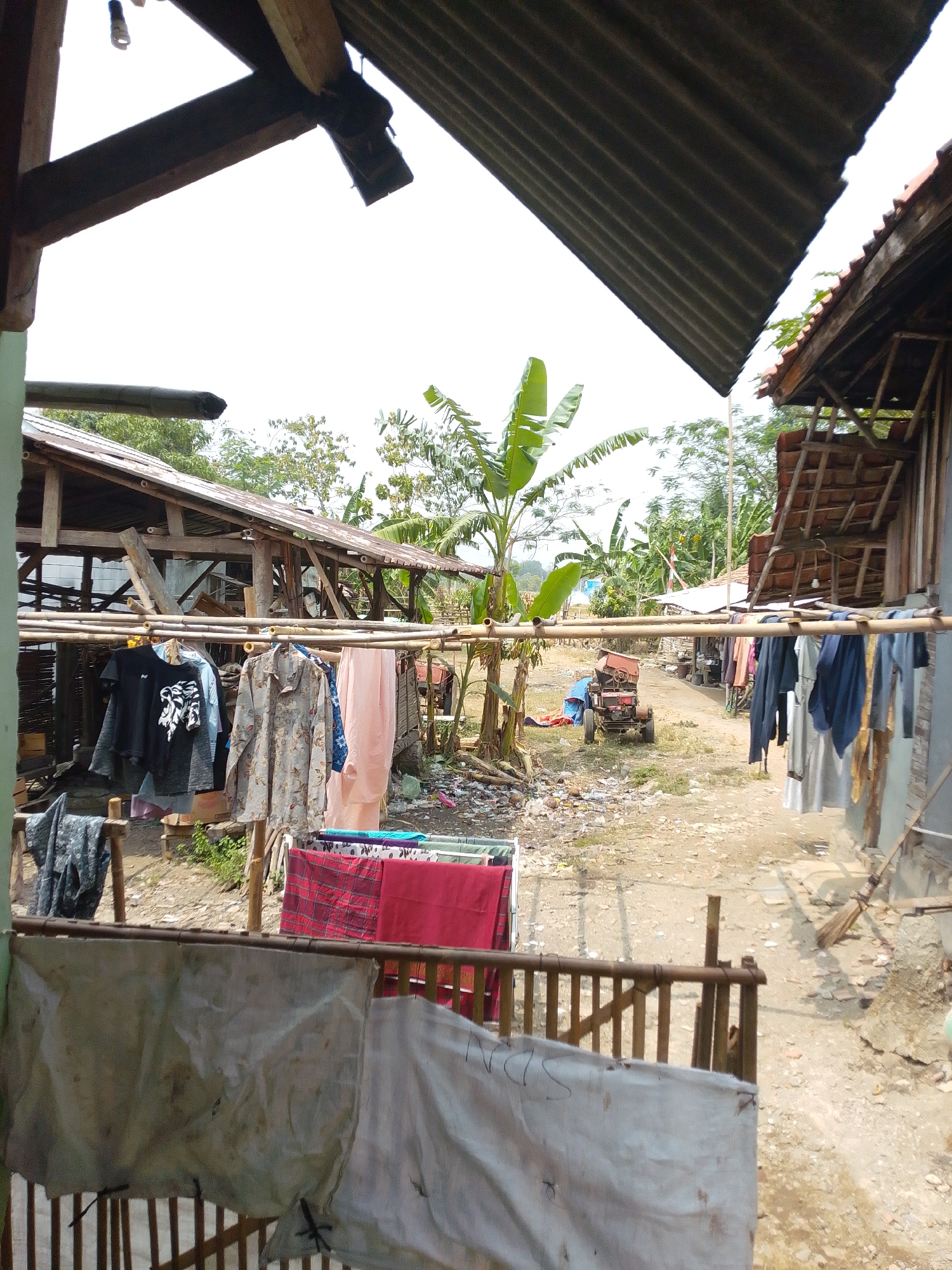 The image depicts a scene in Panyingkiran, Indonesia, featuring an outdoor area with several clotheslines laden with laundry. Various garments, including shirts, pants, and fabrics with checkered and striped patterns, are hanging to dry. A small red tractor is visible in the background. Structures with corrugated metal roofs and wooden supports are present, suggesting a rustic or semi-developed environment. The ground is a dirt path with scattered debris. Banana trees and other foliage are interspersed throughout the scene, indicating a tropical or subtropical climate. The overall impression is one of everyday life in a rural or semi-urban setting.