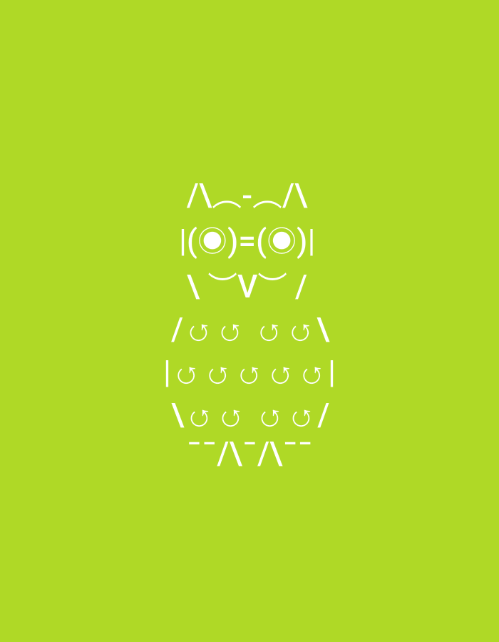 The image is an ASCII art rendering of an owl. It is composed of text characters arranged to resemble an owl's head, body, and tail feathers. The background is a solid lime green color. The owl itself is rendered in white. There are no people, subjects, objects, actions, interactions, or environment related to the city of Yerevan, Armenia in this image.
