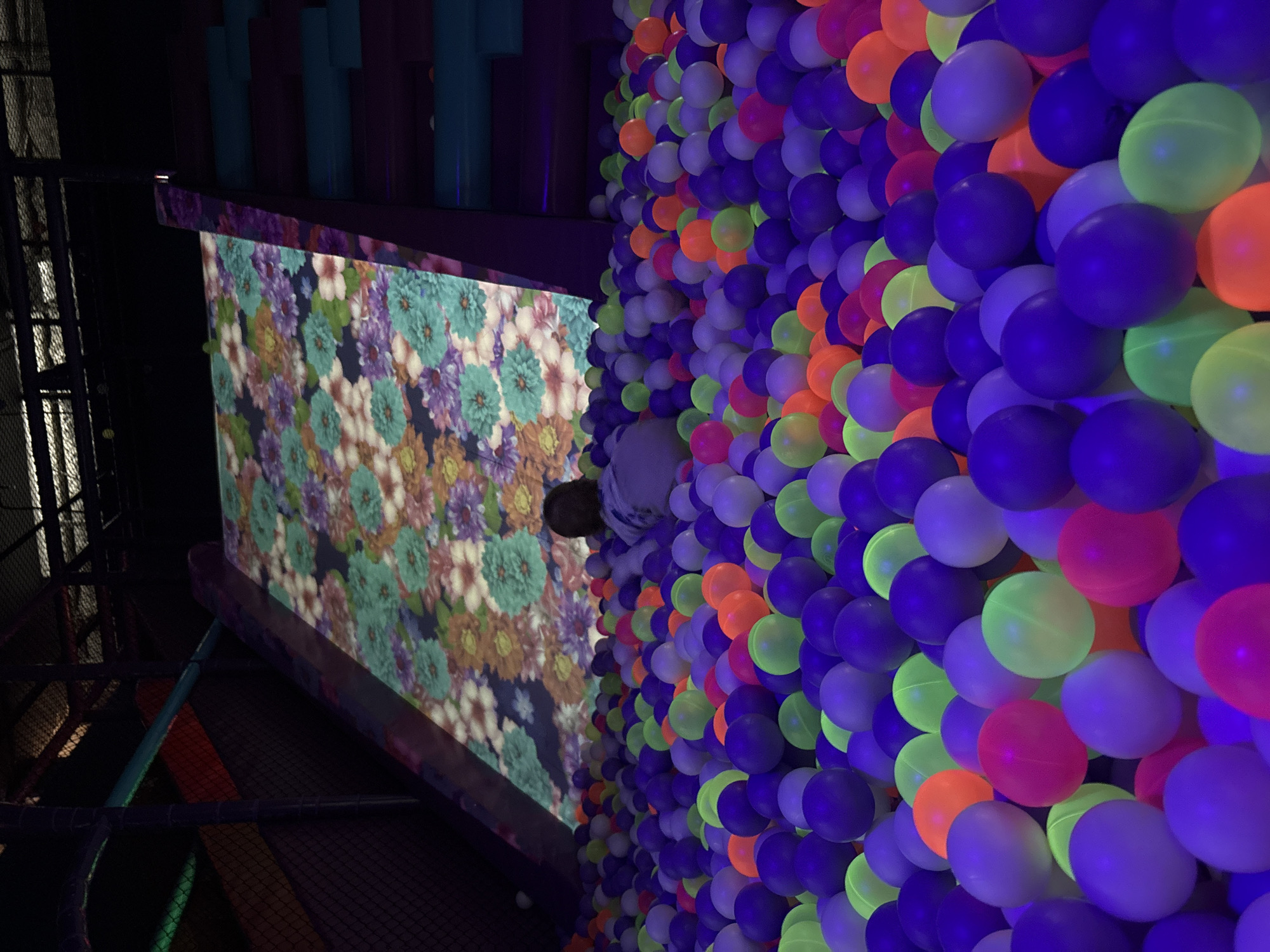 A brightly lit indoor scene features a ball pit with multicolored balls in hues of blue, purple, green, orange, and pink. A person, partially visible, is positioned between the ball pit and a large screen displaying an image of colorful flowers. The background includes structural elements such as netting and posts, suggesting an indoor playground or entertainment facility. The image has a slight rotation, and the location may be in the city of Izhevsk, Russia.