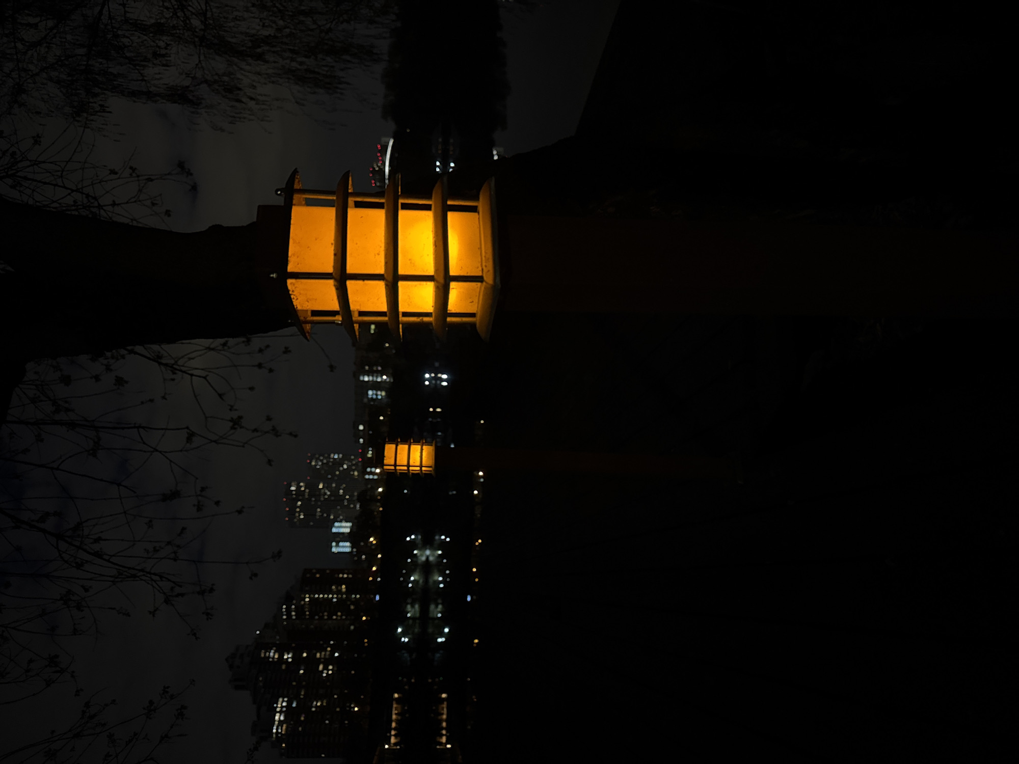 The image displays a nocturnal urban scene, rotated 90 degrees clockwise from its natural orientation, creating a striking composition of light and reflection. A bright, yellow outdoor light fixture, rectangular with vertical slats, is the dominant subject, positioned centrally on the left side of the frame. It emits a warm, intense glow.
To the upper left of this light, dark, intricate patterns of bare tree branches are silhouetted against a deep, dark sky, which appears cloudy. The right half of the image is filled with the reflections of city buildings in a calm body of water. These reflections depict numerous illuminated windows, primarily white and yellow, dotting the dark silhouettes of tall structures. The prominent yellow light fixture itself is also clearly reflected in the water directly below its actual position, creating a mirror image.
The setting is an urban waterfront at night, possibly along a river, canal, or lake, where city lights create shimmering patterns on the water's surface. No people or vehicles are visible. The overall atmosphere is one of serene quietness, highlighting the interplay of artificial light with natural darkness and reflection. There is no visible text in the image.