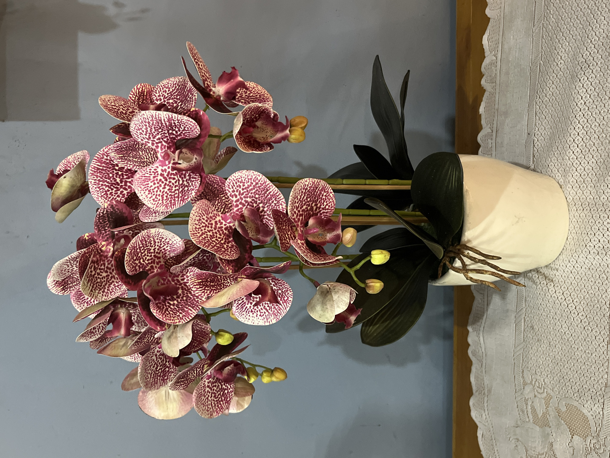 A bouquet of artificial orchids with deep pink and white speckled petals is arranged in a white ceramic pot. The pot sits on a wooden table covered with a white lace doily. Behind the orchids, a blue wall serves as the backdrop, with shadows cast by the flowers and pot. The image appears to be taken indoors, likely in a domestic setting, and does not contain any elements that would suggest a specific location within Kuta Selatan, Indonesia.