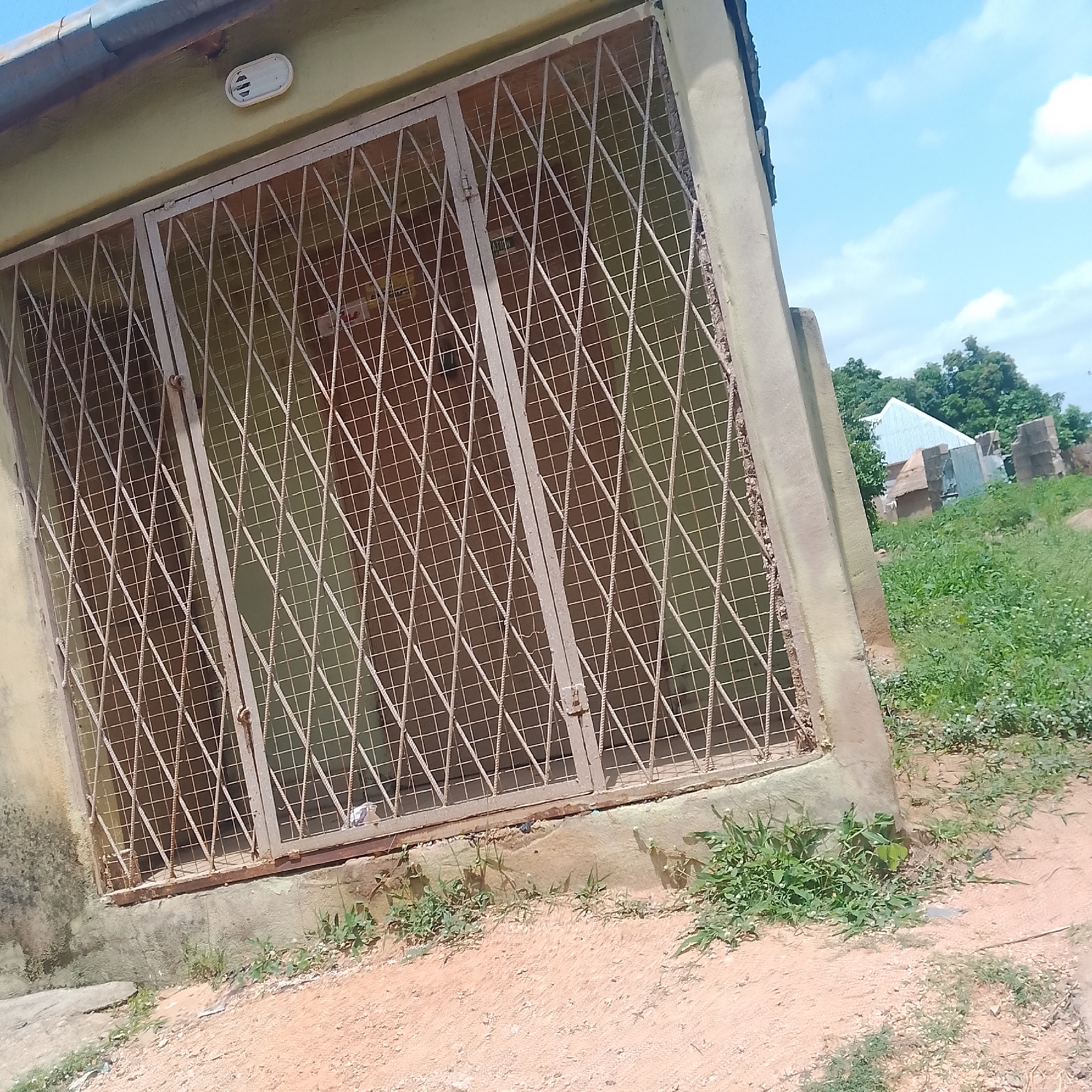 The image depicts the exterior of a building with a barred window, likely in Jalingo, Nigeria. The building's wall is painted a light yellow-green color, and a white, oval-shaped light fixture is mounted near the top of the wall, just below the roofline. The window is covered by a diamond-patterned metal grate, showing signs of rust. Behind the grate, the interior of the building is dimly visible, with what appears to be reddish-brown walls.
To the right of the building, there is a concrete pillar and then an area with lush green vegetation and some small white flowers. In the background, further to the right, are more buildings with corrugated metal roofs and unfinished brick structures, interspersed with trees. The ground in the foreground is covered with reddish-brown soil and scattered small stones, with patches of dry grass and sparse green growth. The sky is a clear blue with a few white clouds. The overall scene suggests an outdoor environment in a potentially rural or semi-urban area.