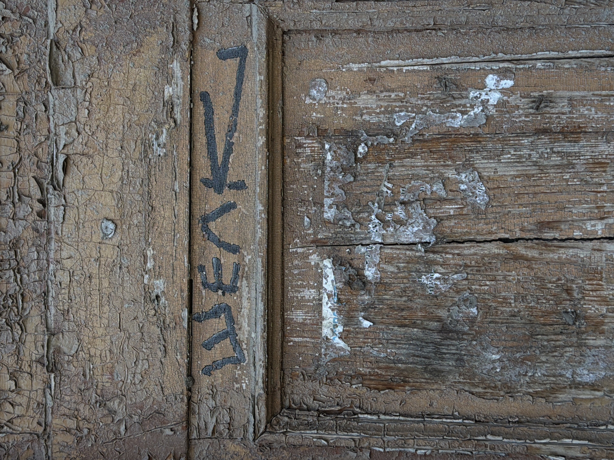 The image shows a close-up of a weathered wooden door in Taganrog, Russia. The door is made of vertical planks with a central seam. The wood is a reddish-brown color and heavily distressed, with peeling paint and visible grain. There are remnants of torn posters and papers adhered to the lower section of the door. Black graffiti, appearing to be Cyrillic letters, is spray-painted across the upper section of the door. The graffiti is roughly applied, with thick, blocky strokes. The overall impression is one of age, neglect, and urban decay.