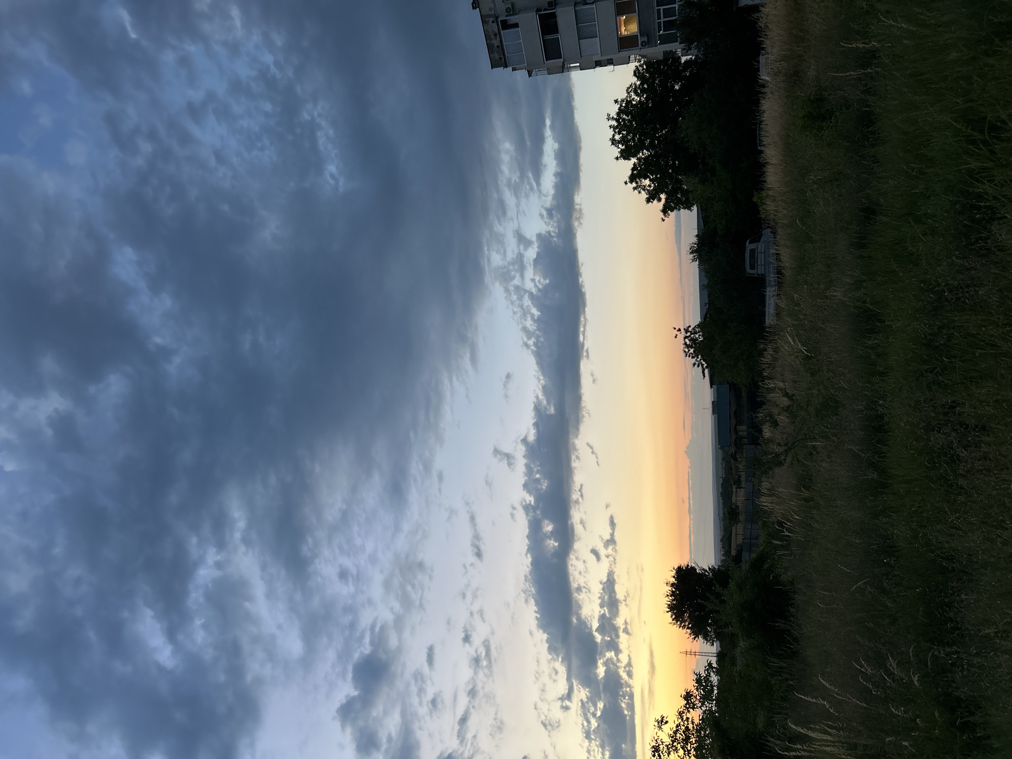 An outdoor, vertical, medium shot captures a twilight sky with dramatic clouds over a landscape. The sky is a gradient of deep blue at the top, transitioning through gray and muted blue clouds, to a soft orange and yellow glow near the horizon. In the foreground, tall, dry grass and dark green vegetation fill the lower half of the frame. To the right, a tall, multi-story residential building with several windows is visible, some illuminated. In the mid-ground, dark trees and a light-colored truck are silhouetted against the sky. The overall scene depicts a rural or semi-urban environment at dusk.