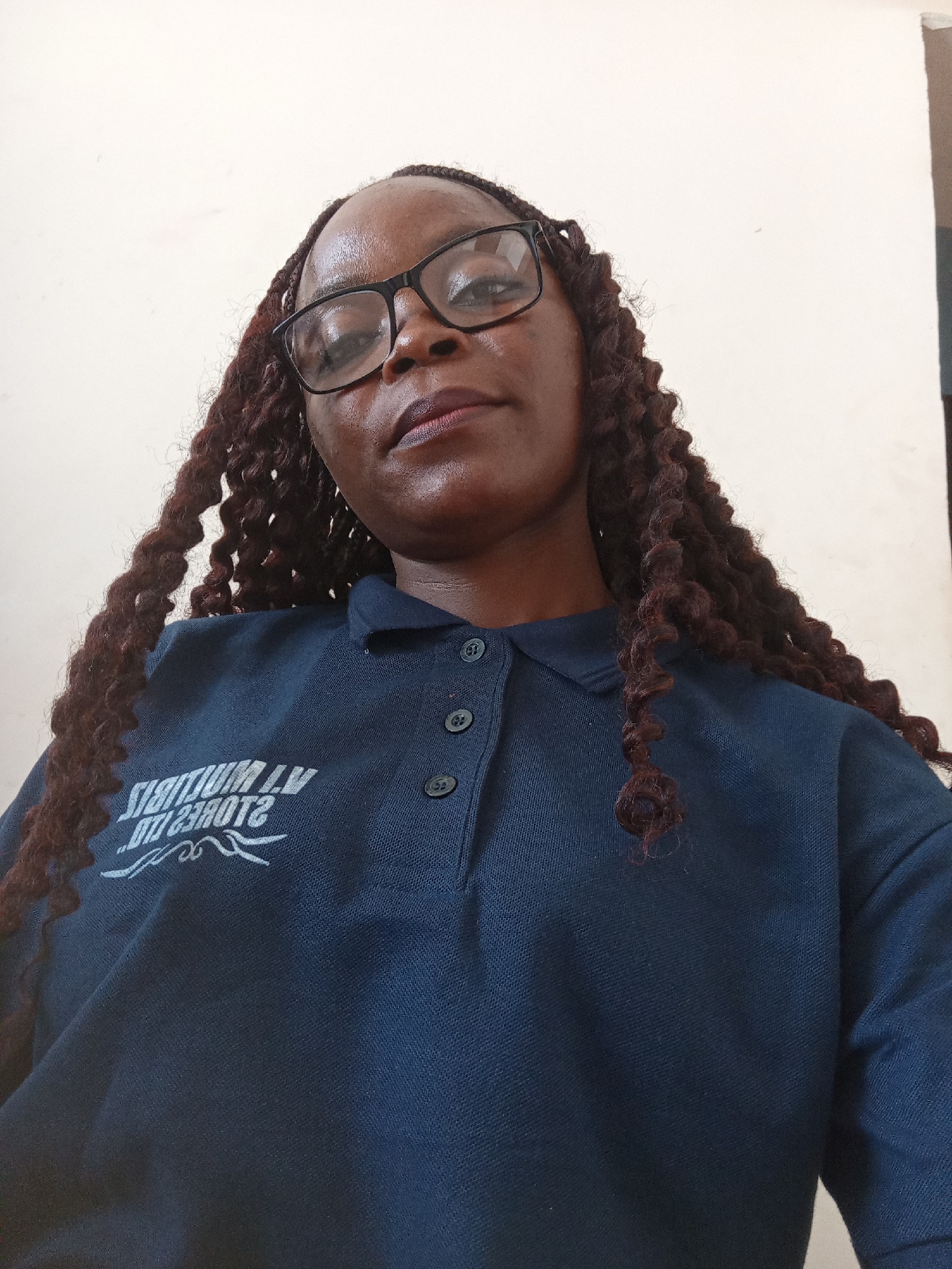 A woman is captured in a medium close-up, looking directly at the camera. She is wearing glasses with black frames and a dark blue polo shirt with a collar and buttons. The shirt has white text and graphics on the left chest, which appear to be a logo or company name. Her hair is dark and styled in long, intricate braids. The background is a plain, light-colored wall, suggesting an indoor setting. The lighting is even, and there are no strong shadows, indicating it's likely daytime or well-lit indoors. The woman's expression is neutral, and the overall mood is straightforward and unposed. The visible text on her shirt reads "STORIES" in a stylized font, with "T" and "AT" appearing to be abbreviations or part of a larger phrase above it. Below "STORIES" there is additional stylized text that is difficult to read, but appears to include numbers, possibly a year or code. The scene is simple and focuses on the subject. The context of Jalingo, Nigeria, provides a geographical location for this image.
