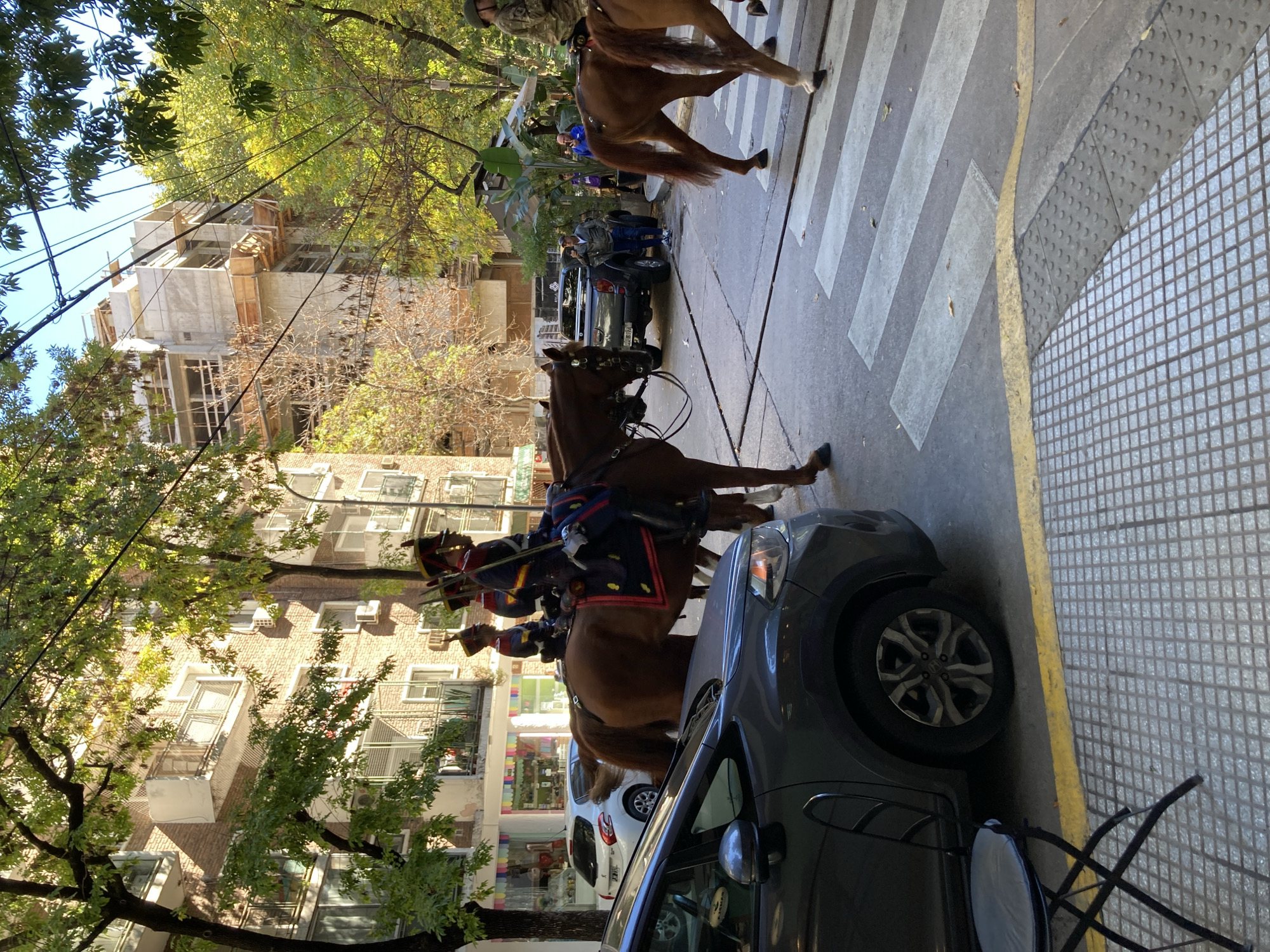 The image captures an urban street scene on a bright, sunny day, showing a procession of uniformed horsemen. The perspective is from the sidewalk, looking down a street lined with buildings and trees.
The primary subjects are two horsemen mounted on brown horses in the mid-ground. They are dressed in elaborate, dark blue military-style uniforms with red and gold accents, sashes, and hats with plumes or crests. They appear to be carrying swords. Another horseman in a camouflage uniform is visible further down the street. The horses are saddled and bridled, positioned near a crosswalk.
Along the street, several cars are parked, including a dark gray car in the foreground next to the sidewalk, and a black pickup truck further back. Multi-story buildings with balconies and windows line both sides of the street. Some buildings show signs of construction or renovation, with visible scaffolding and unfinished concrete structures. Lush green trees are abundant, casting shadows and dappled light, with some bare branches also visible. Overhead, utility lines crisscross the sky.
The street features a white-striped crosswalk and a sidewalk with textured paving, including a section of tactile paving with raised dots and another with a grid pattern. A yellow line marks a boundary on the pavement. A metal table and chairs are seen on the sidewalk in the foreground.
The overall scene depicts what appears to be a ceremonial event or parade on a public street during daylight hours, characterized by the formal attire of the horsemen and the presence of onlookers. No discernible text is visible in the image.