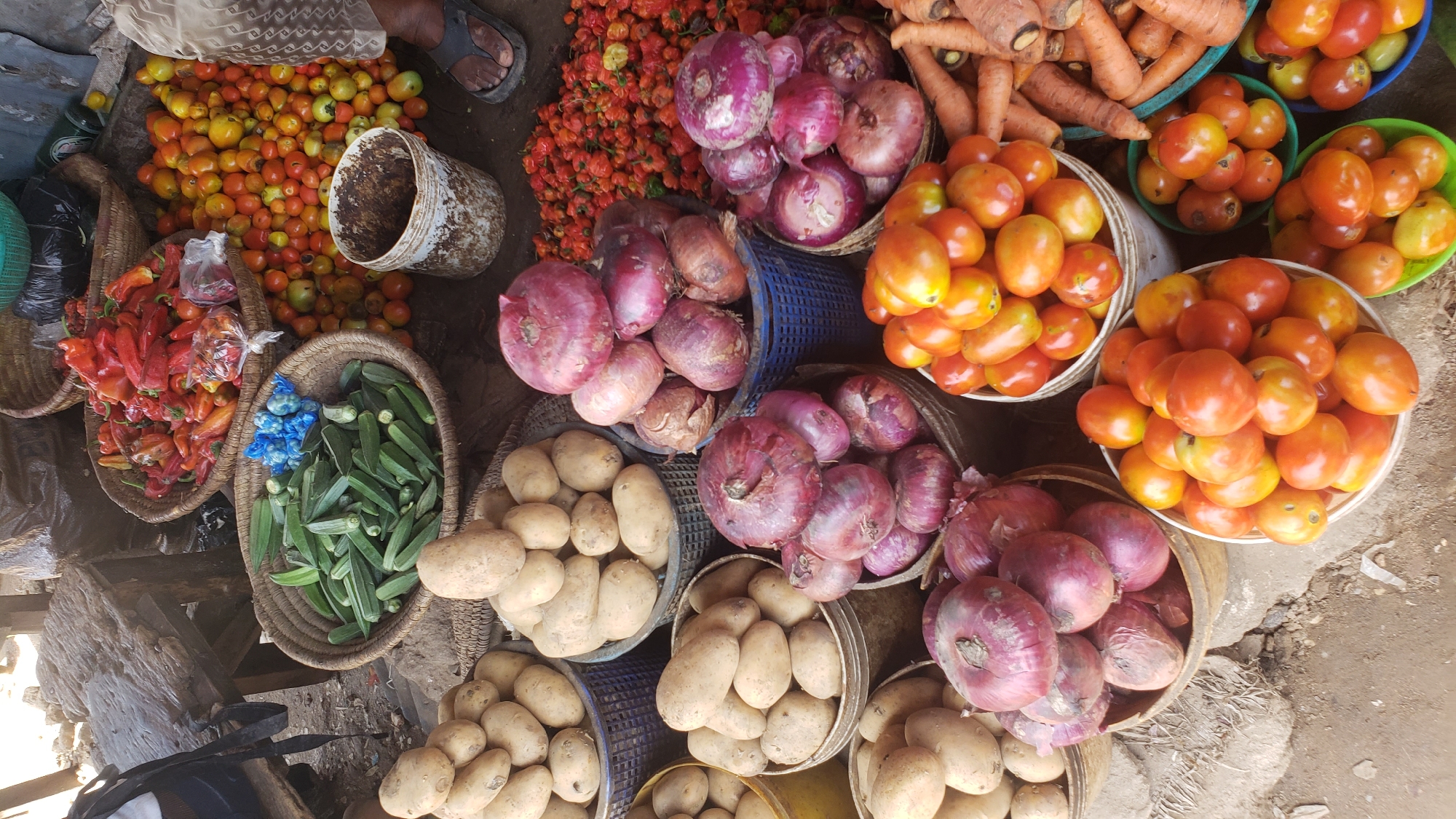The image depicts a street-level view of a produce market in Sabon Tasha, Nigeria. Several baskets and containers overflow with an assortment of fresh vegetables. Notable items include tomatoes in various stages of ripeness, red onions, potatoes, carrots, okra, and red peppers. Some of the produce is loose, while others are in baskets or plastic containers. A man's foot wearing a sandal is visible at the top of the frame. The setting suggests a bustling outdoor market with vendors displaying their goods for sale.