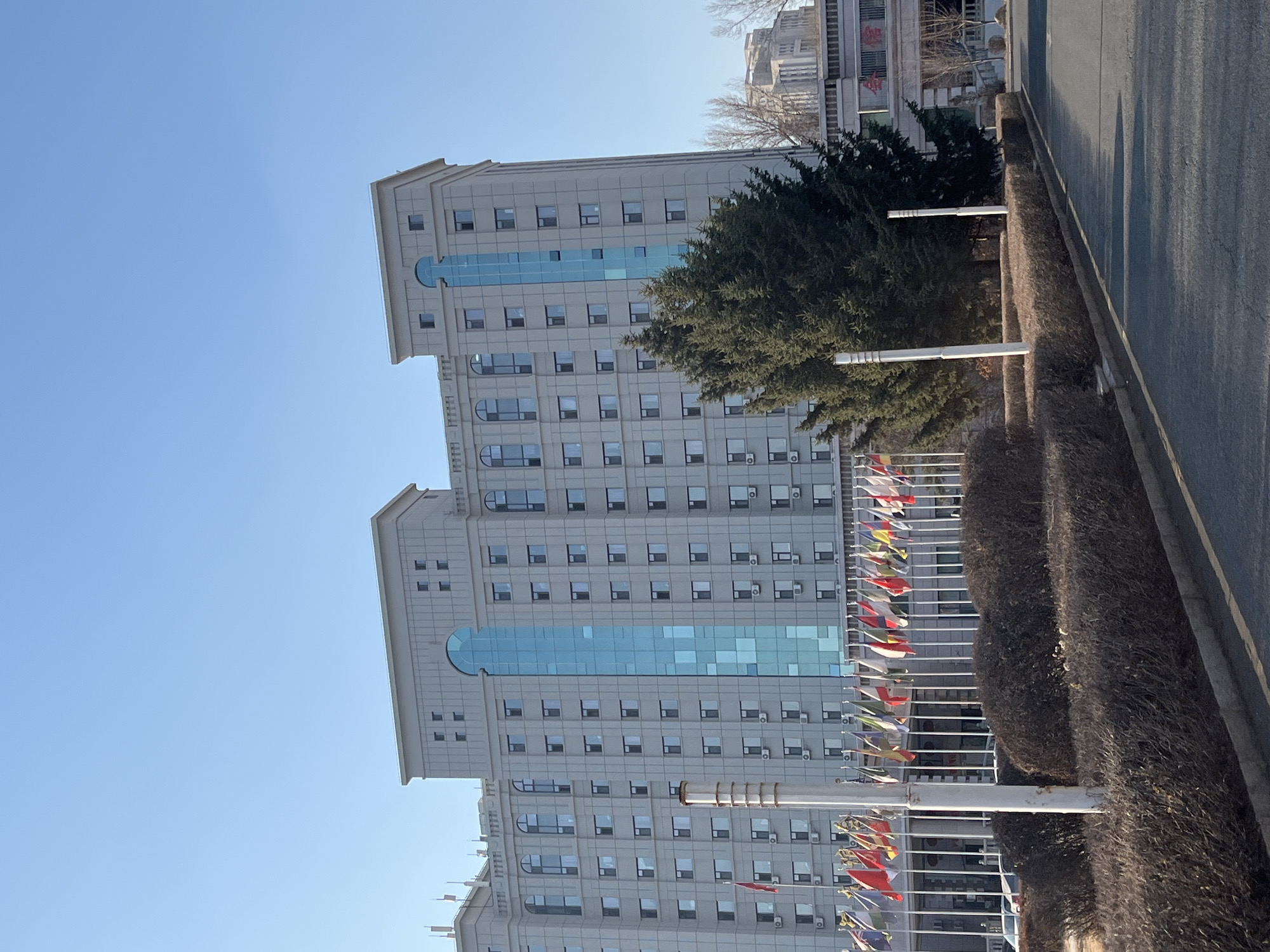 The image shows a large, multi-story building with a symmetrical design, light gray facade, and a vertical blue glass section. The building is located in Changchun City, China, as evidenced by the presence of numerous international flags displayed in front of it, along with bushes along the road. The weather is clear with a blue sky. The angle of the photograph suggests it was taken from street level.